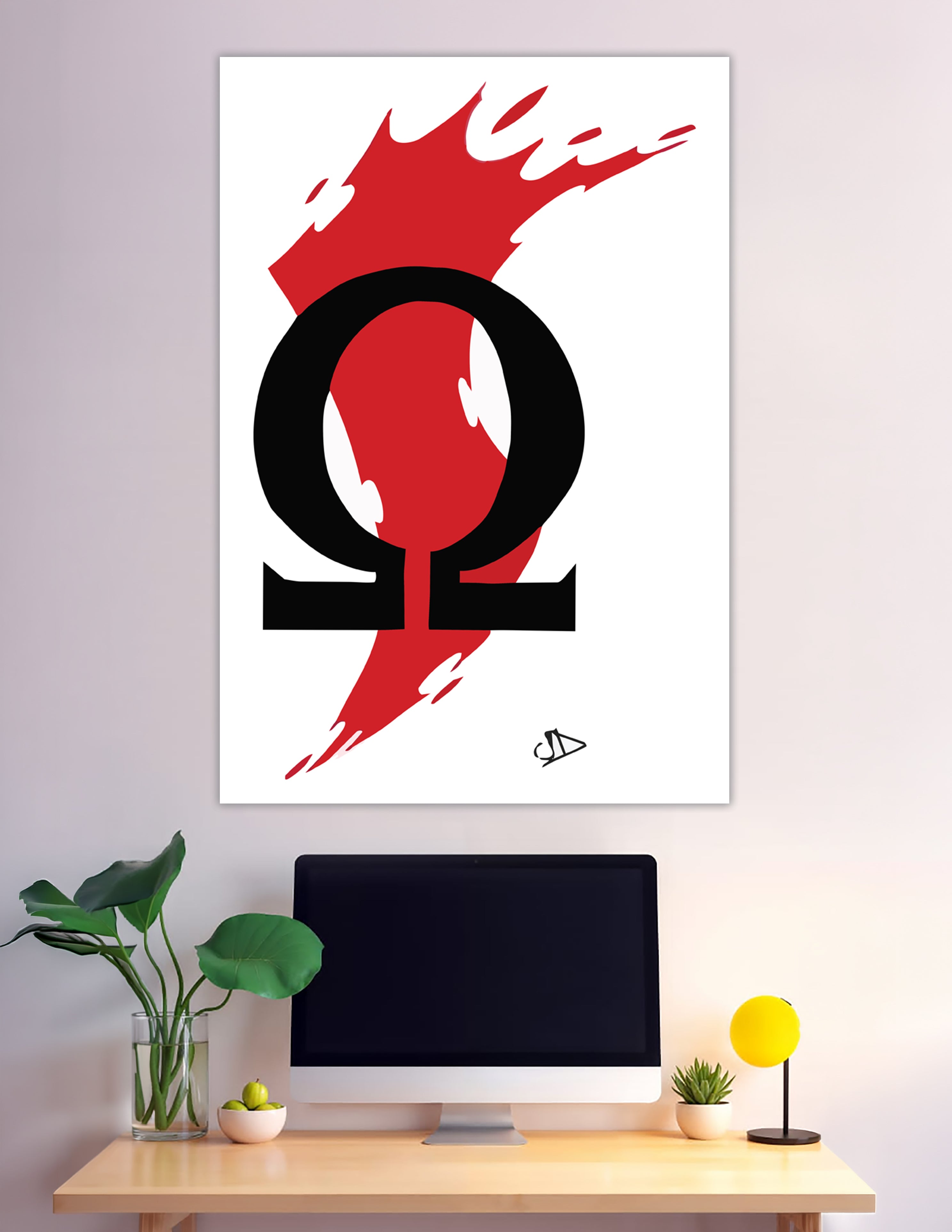 Black Omega symbol with red fire graphic poster