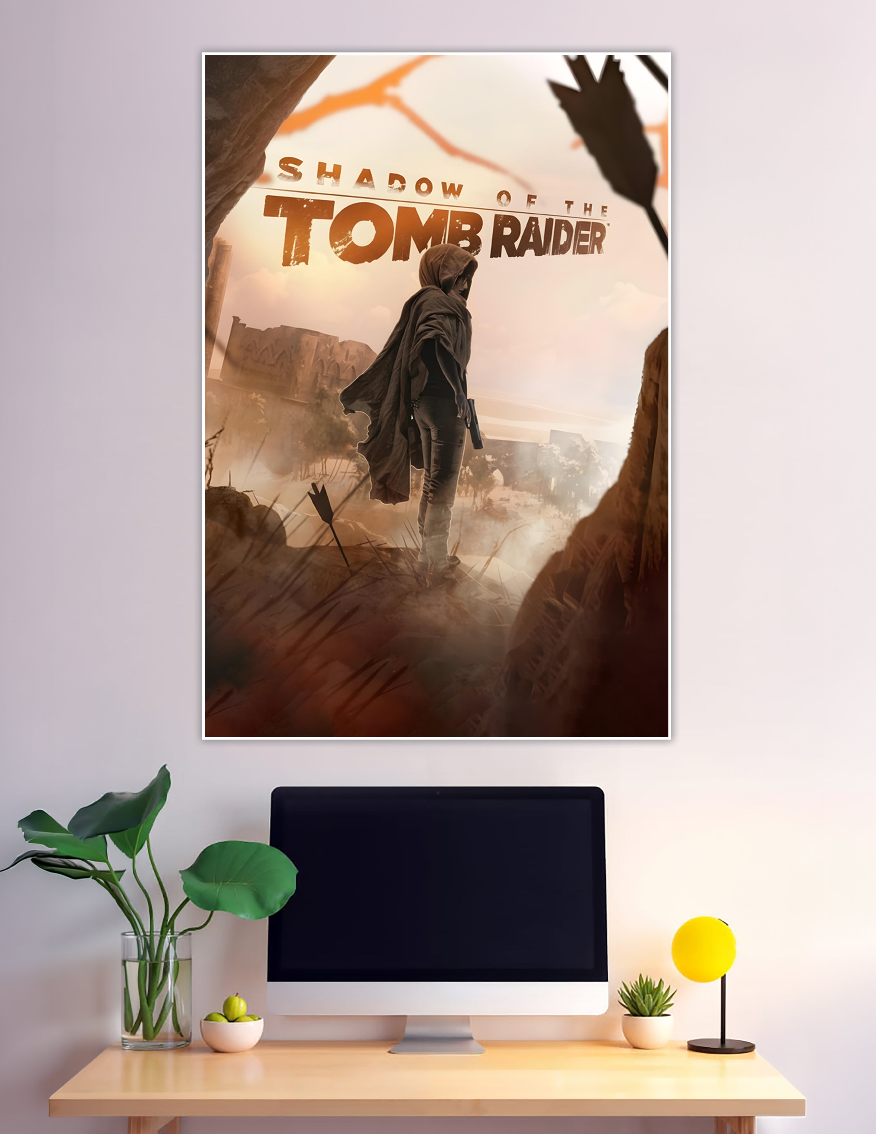 Shadow of the Tomb Raider poster showing hooded Lara Croft standing before misty ancient ruins in warm amber tones