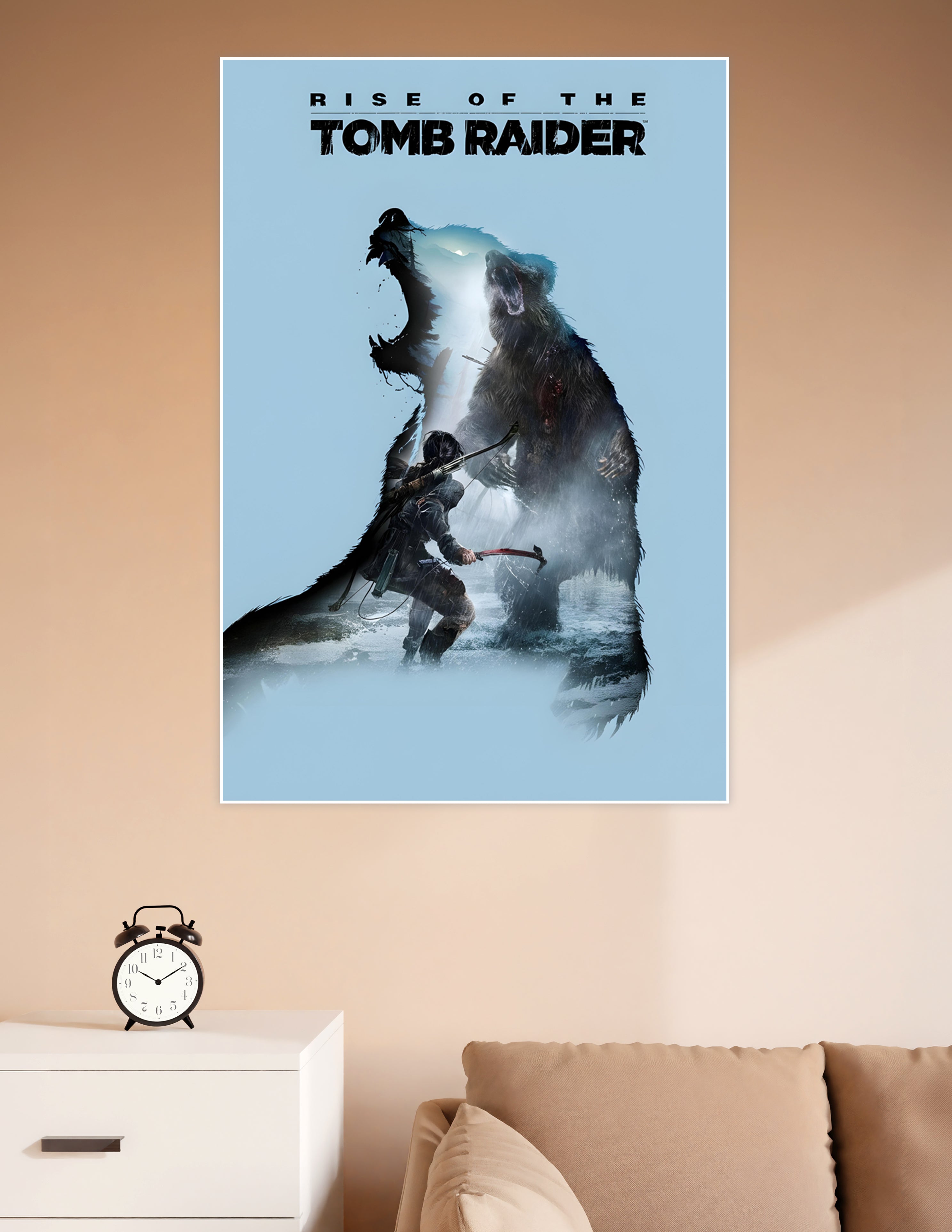 Rise of the Tomb Raider poster showing Lara Croft drawing a bow against a massive roaring bear in a snowy double-exposure composition