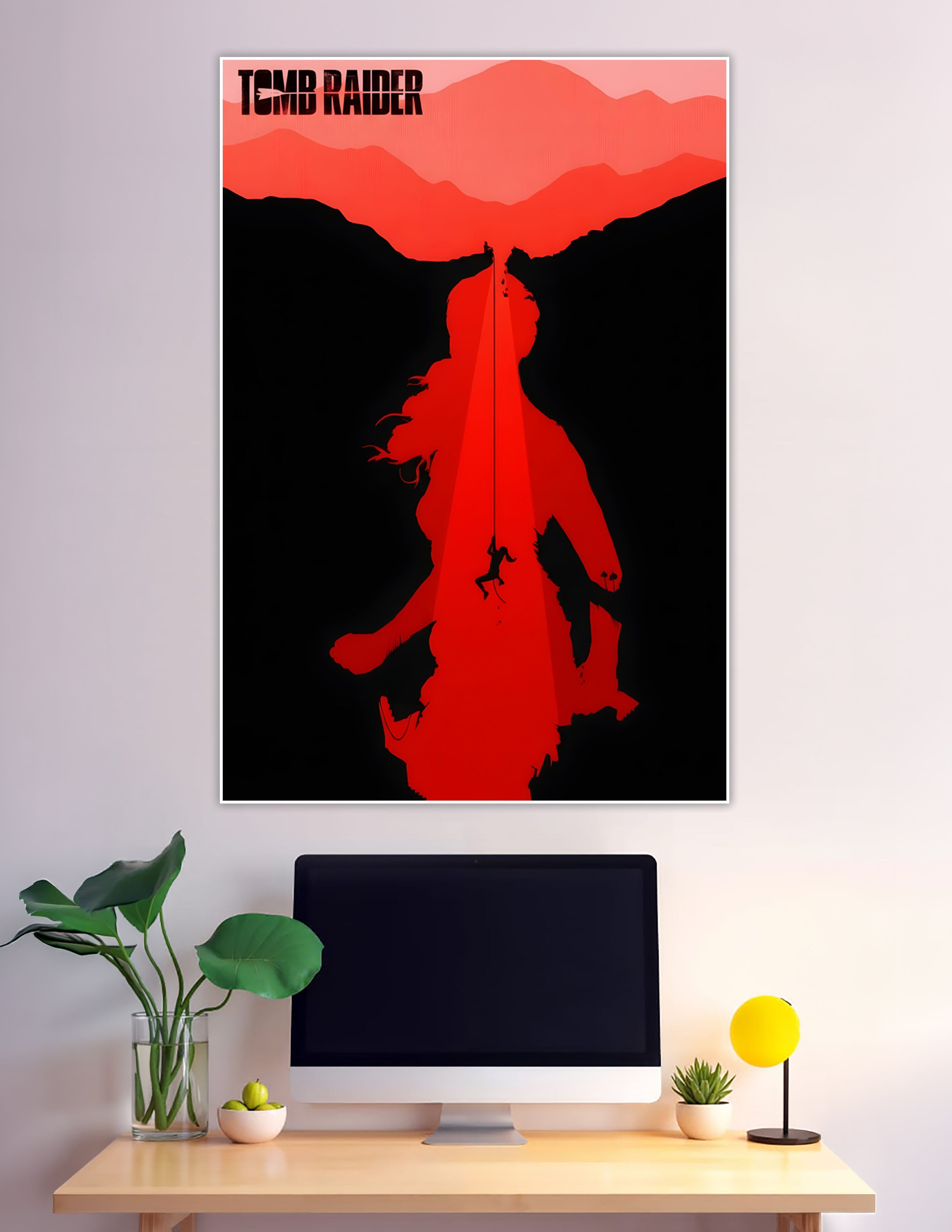 Minimalist Tomb Raider poster showing Lara Croft's red silhouette with a figure rappelling down a rope against a dramatic crimson mountain landscape