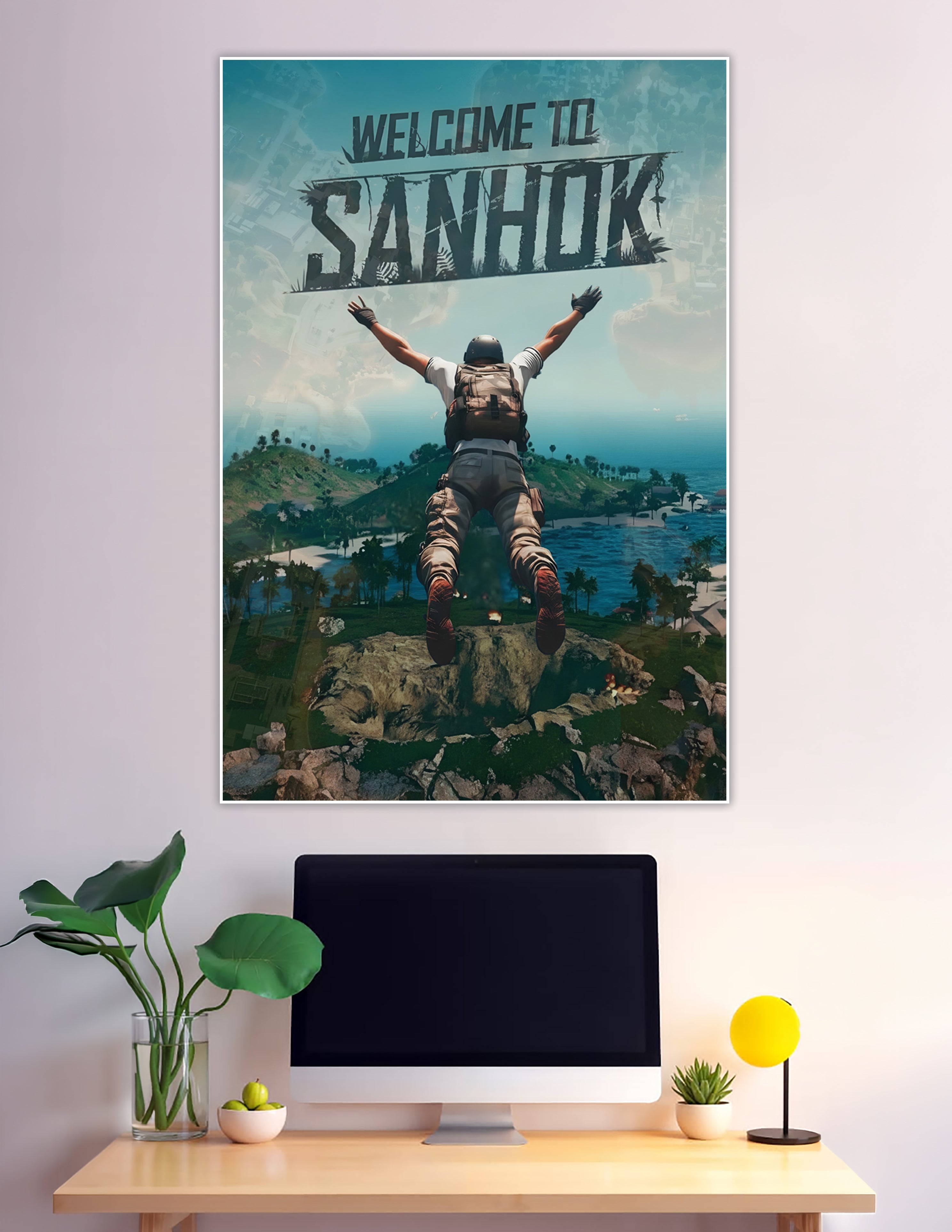 PUBG Welcome to Sanhok poster showing a skydiving soldier with arms raised above a lush tropical island battlefield