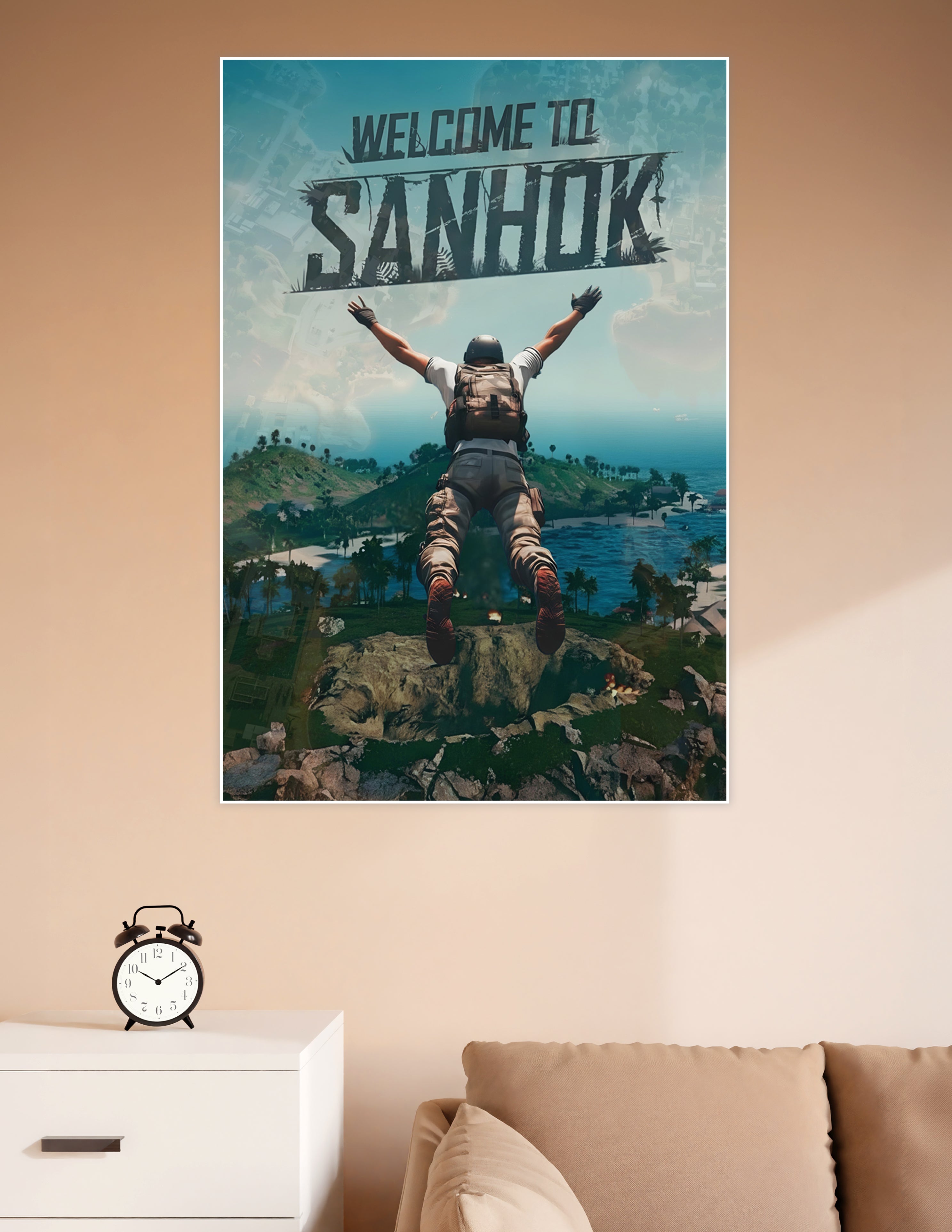 PUBG Welcome to Sanhok poster showing a skydiving soldier with arms raised above a lush tropical island battlefield