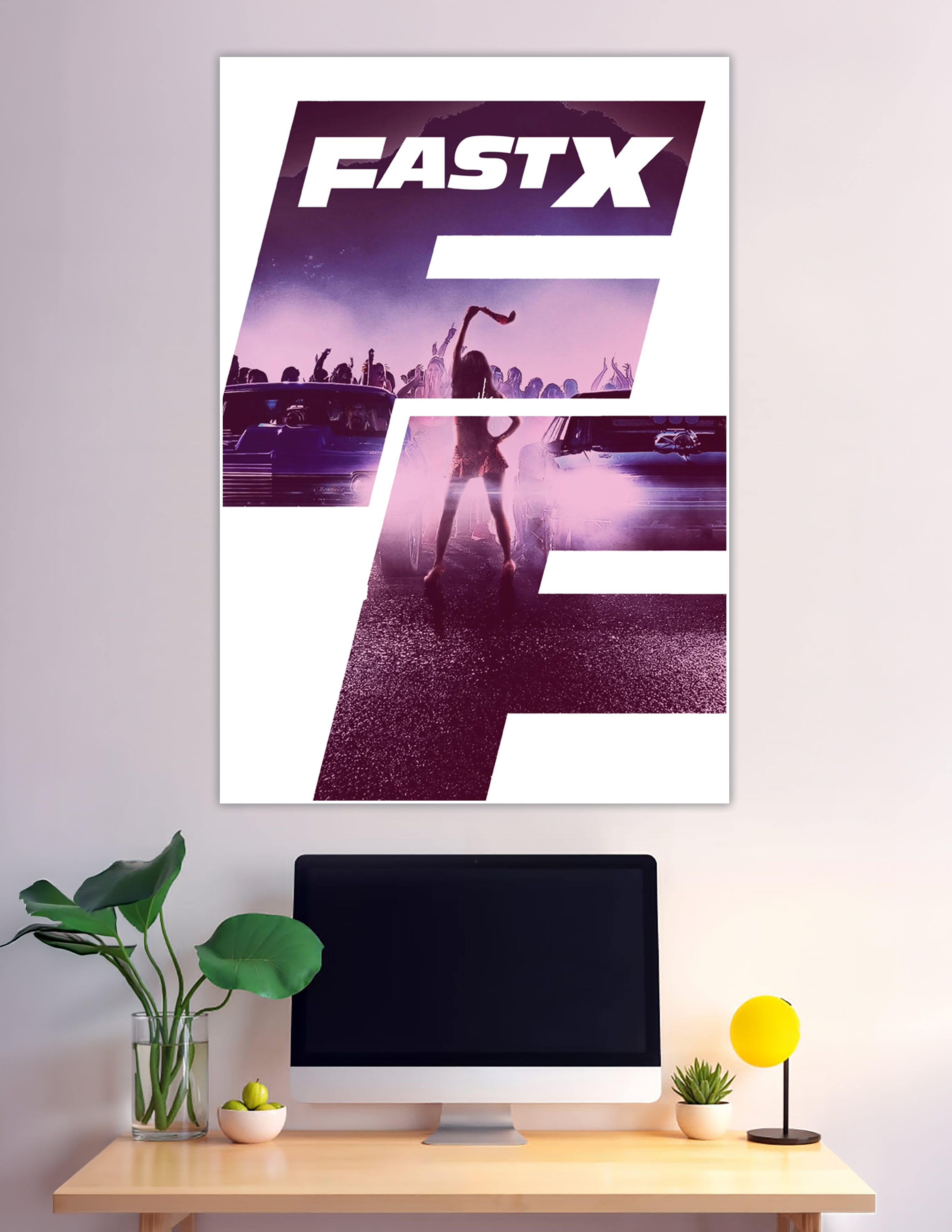 Fast X movie poster with silhouetted figure at a neon purple street racing party scene surrounded by classic cars and a cheering crowd