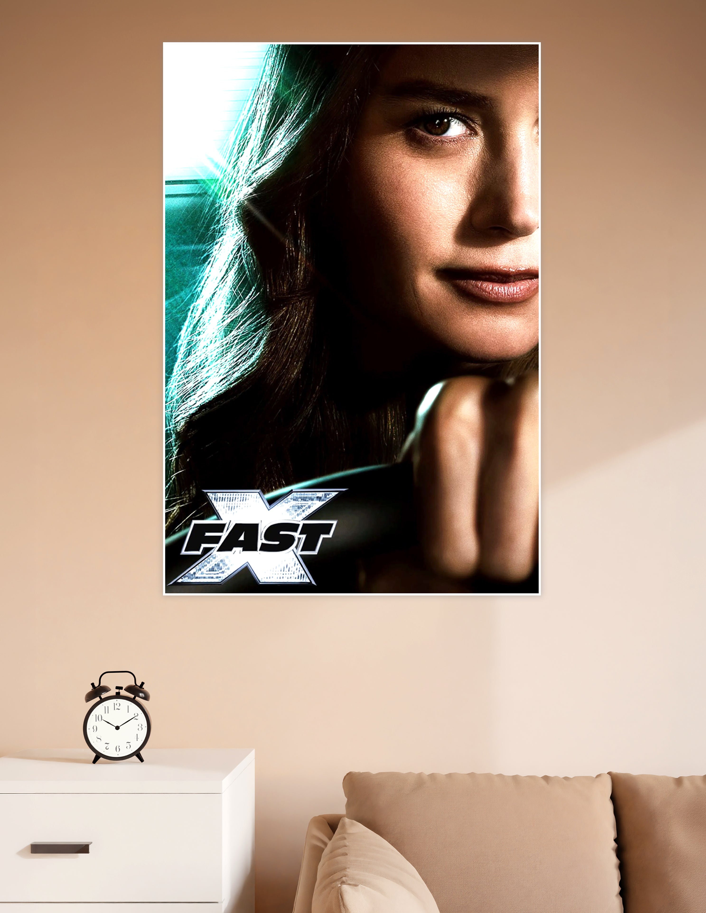 Fast X movie poster featuring a dramatic close-up portrait of a woman with teal cinematic lighting and the Fast X logo