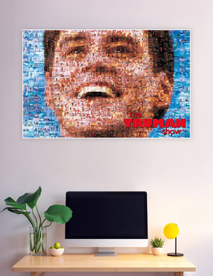 The Truman Show movie poster featuring a photo mosaic of hundreds of film stills forming the face of Truman Burbank against a blue sky background