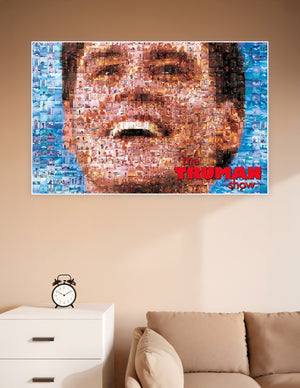 The Truman Show movie poster featuring a photo mosaic of hundreds of film stills forming the face of Truman Burbank against a blue sky background