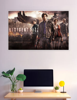 Resident Evil Infinite Darkness poster featuring Leon S. Kennedy, Claire Redfield and cast against a fiery apocalyptic background