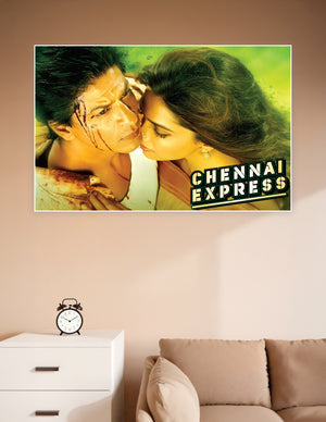 Chennai Express Bollywood movie poster showing two lead characters in a dramatic romantic close-up against a vivid green background