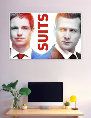 Suits TV show promotional poster featuring two main characters in dramatic red and amber color grading with bold SUITS title typography