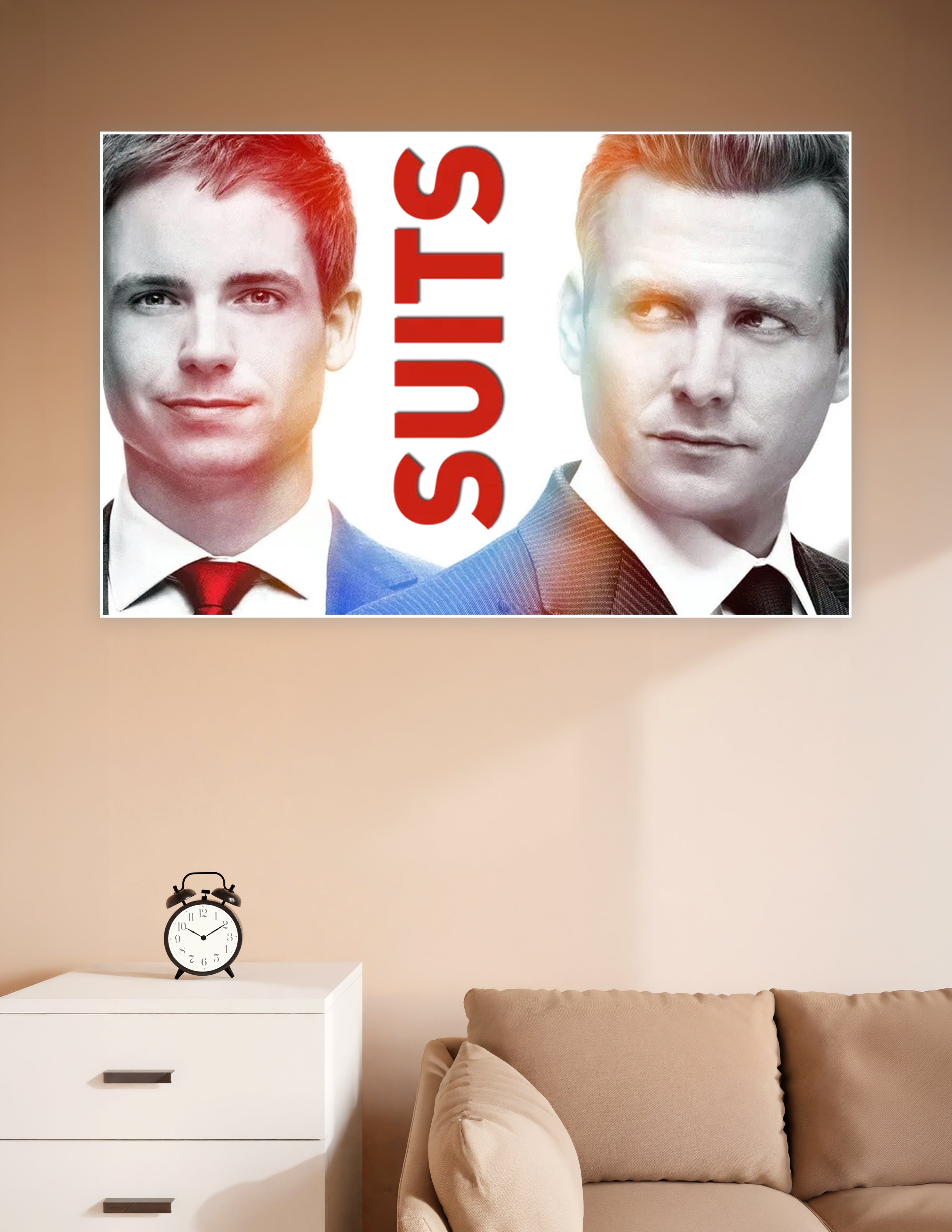 Suits TV show promotional poster featuring two main characters in dramatic red and amber color grading with bold SUITS title typography