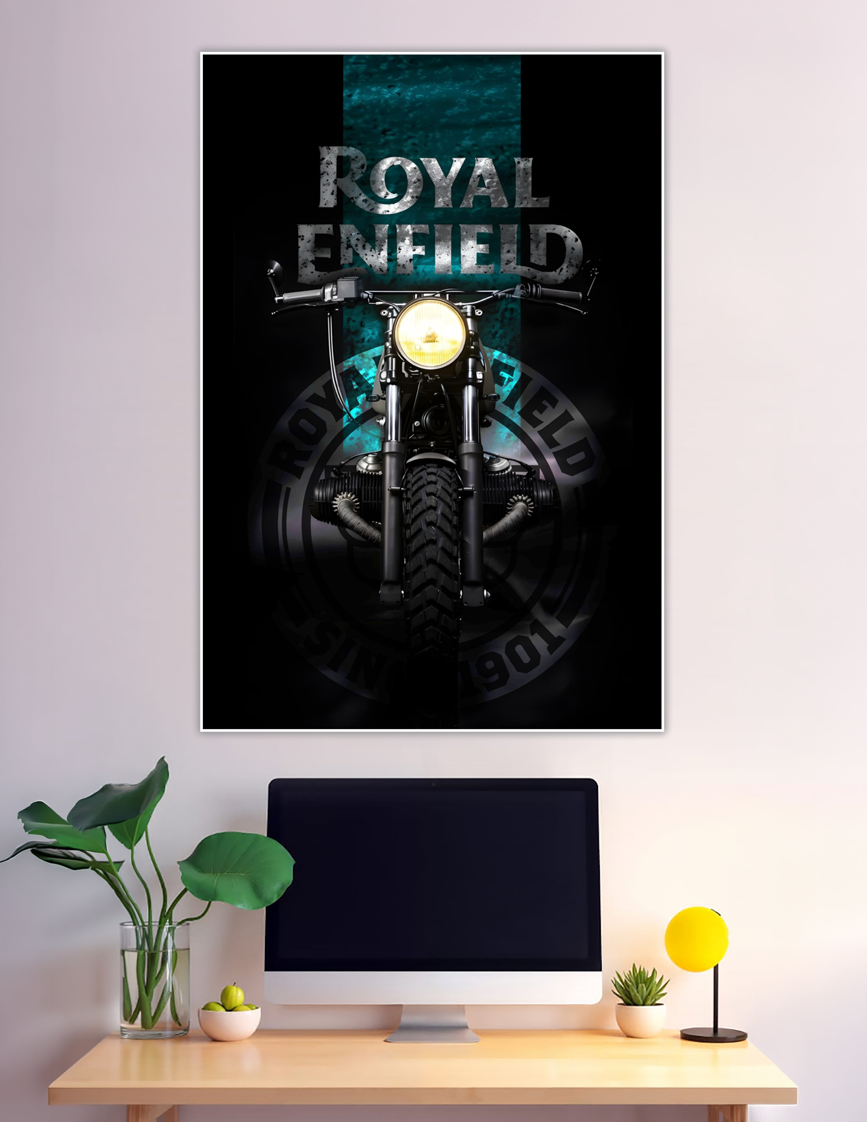 Royal Enfield motorcycle front view dark teal poster