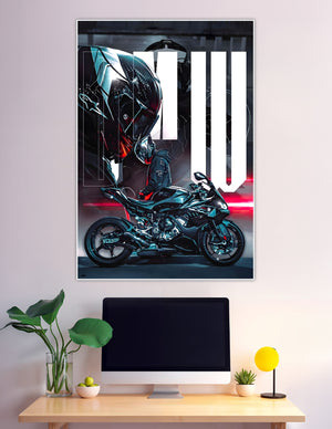 Dark geared rider beside black superbike bold typography poster