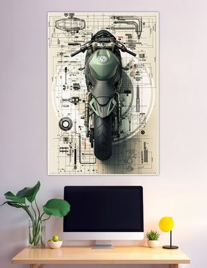 Top-down view of a BMW sport motorcycle overlaid on detailed technical engineering blueprint schematics, printed as a premium matte wall poster