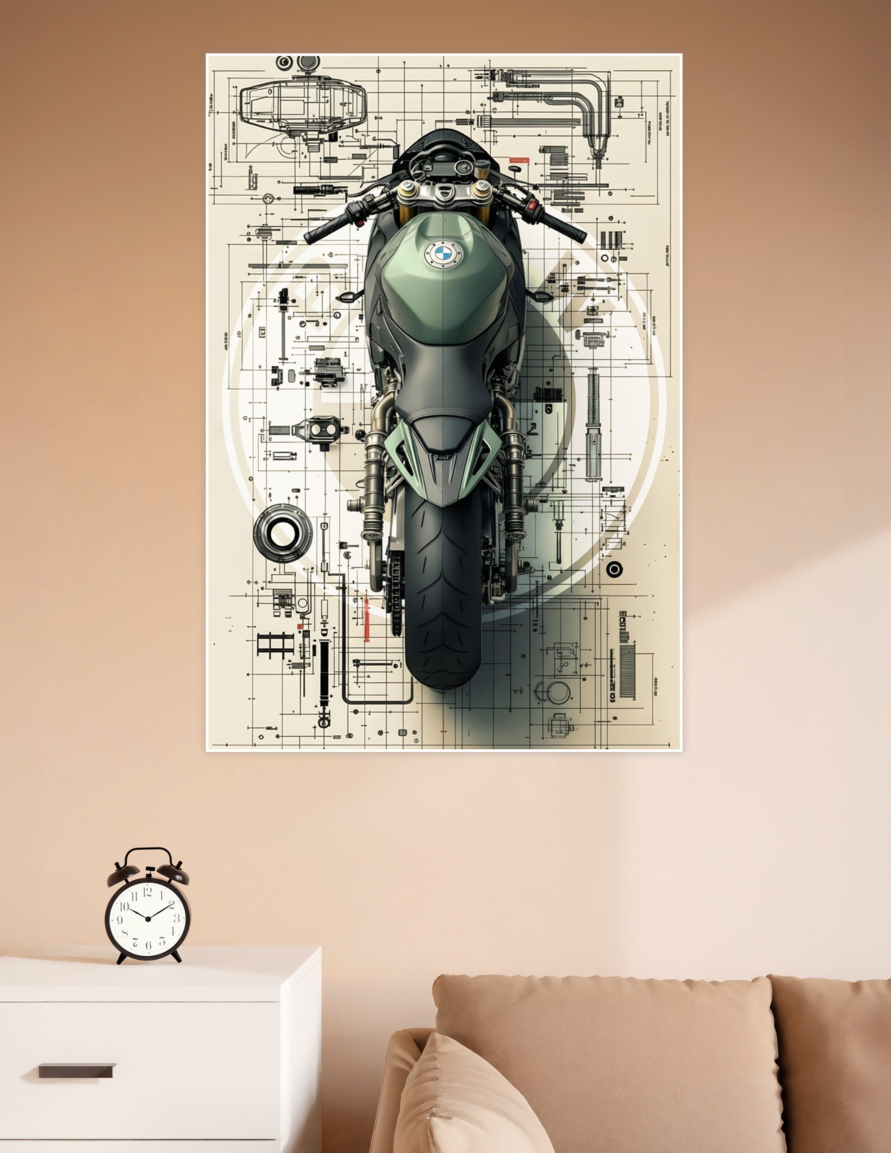Top-down view of a BMW sport motorcycle overlaid on detailed technical engineering blueprint schematics, printed as a premium matte wall poster