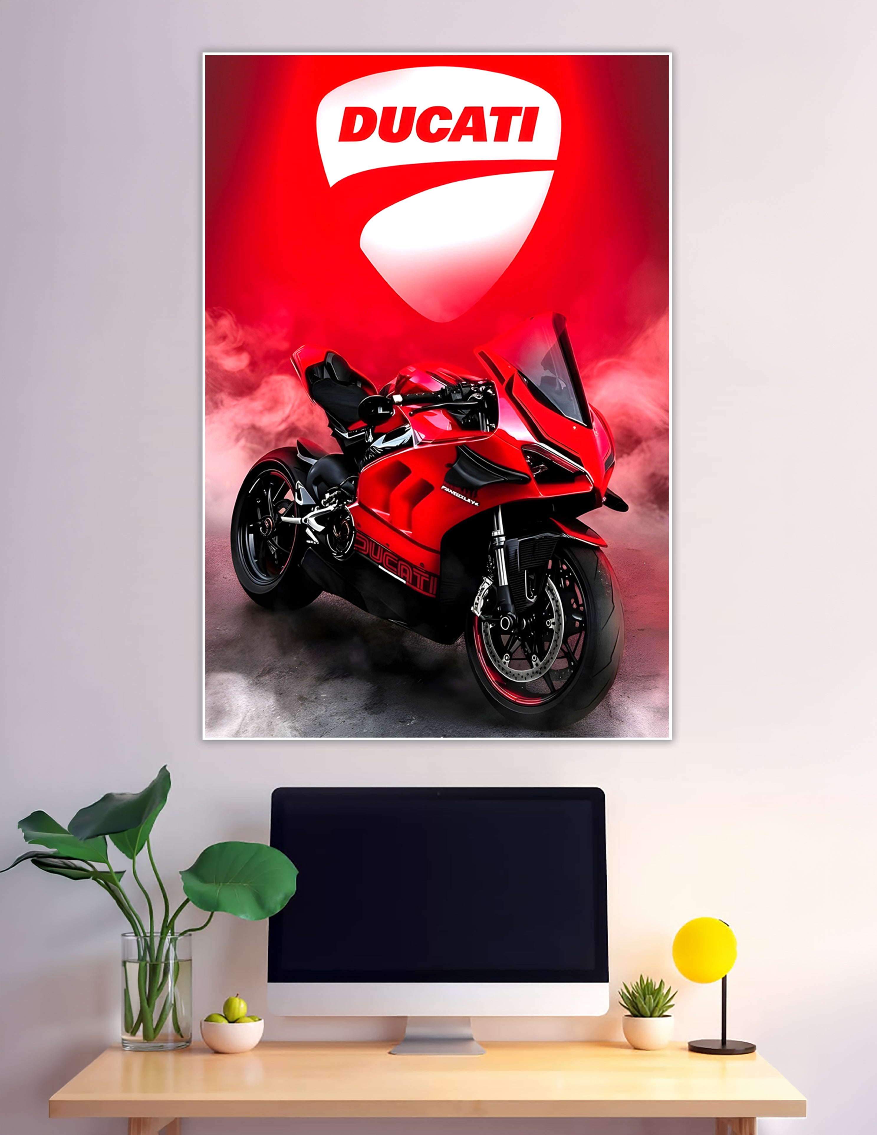 Ducati Panigale V4 red superbike poster with Ducati shield logo on a dramatic smoky red background