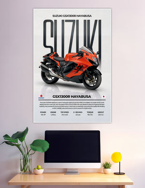 Suzuki GSX1300R Hayabusa orange superbike specs poster