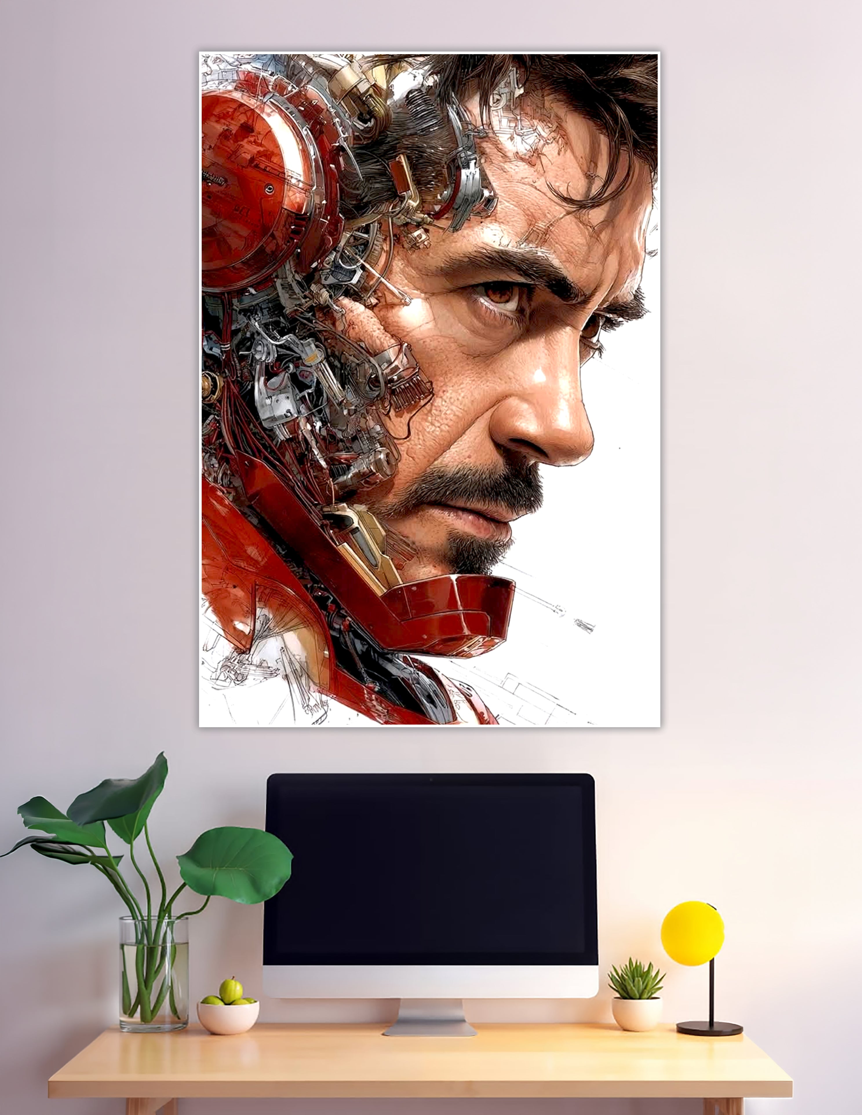 Iron Man Tony Stark half mechanical face comic art poster