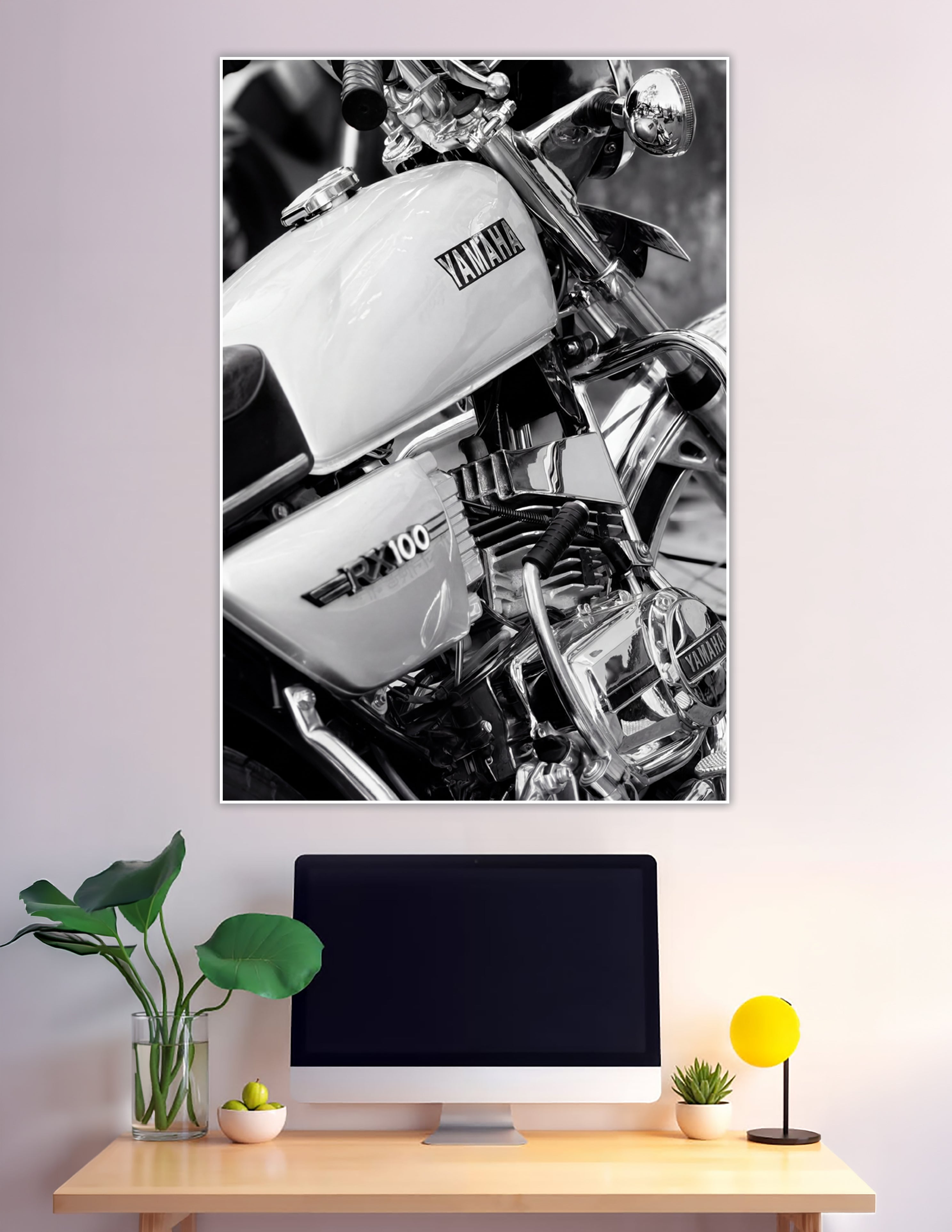 Black and white close-up poster of Yamaha RX100 motorcycle