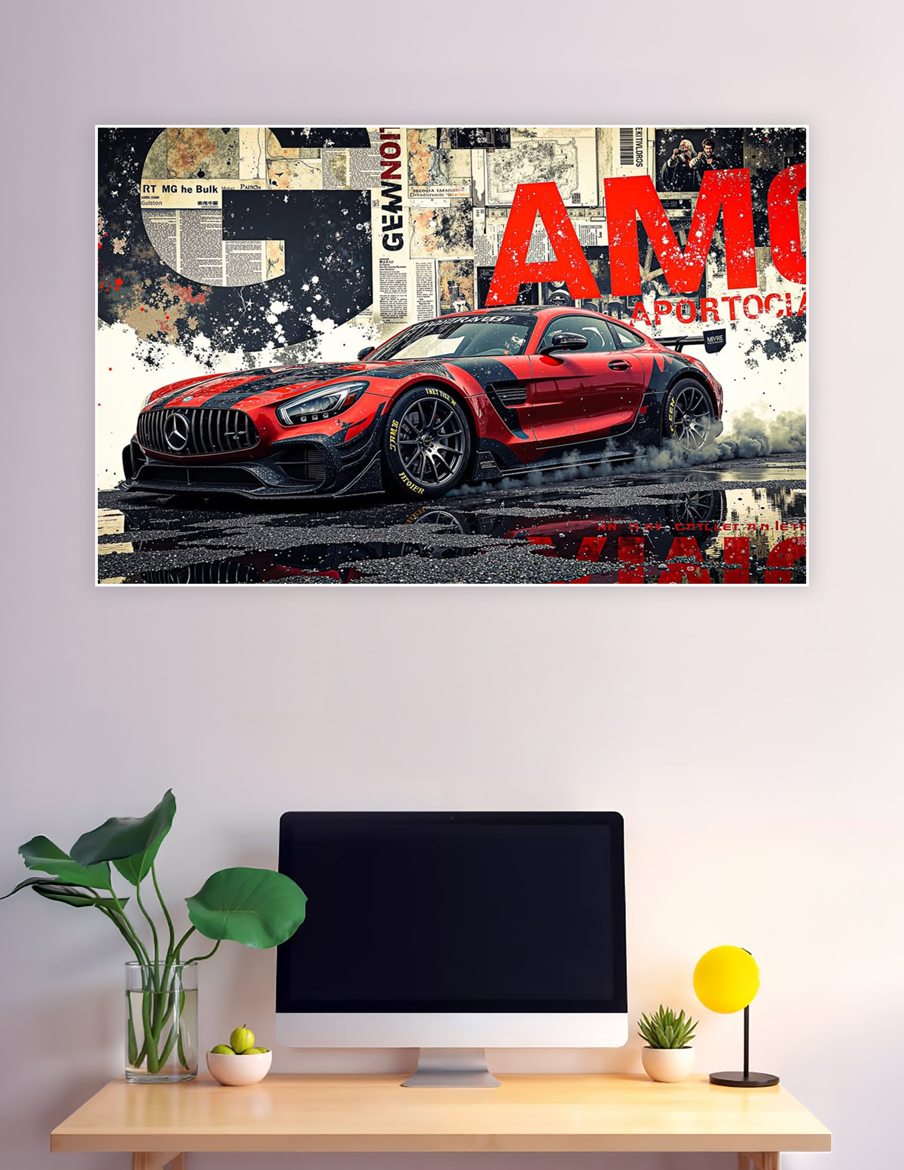 Red Mercedes AMG GT race car grunge urban poster