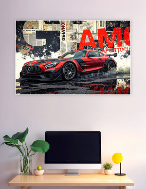 Red Mercedes AMG GT race car grunge urban poster