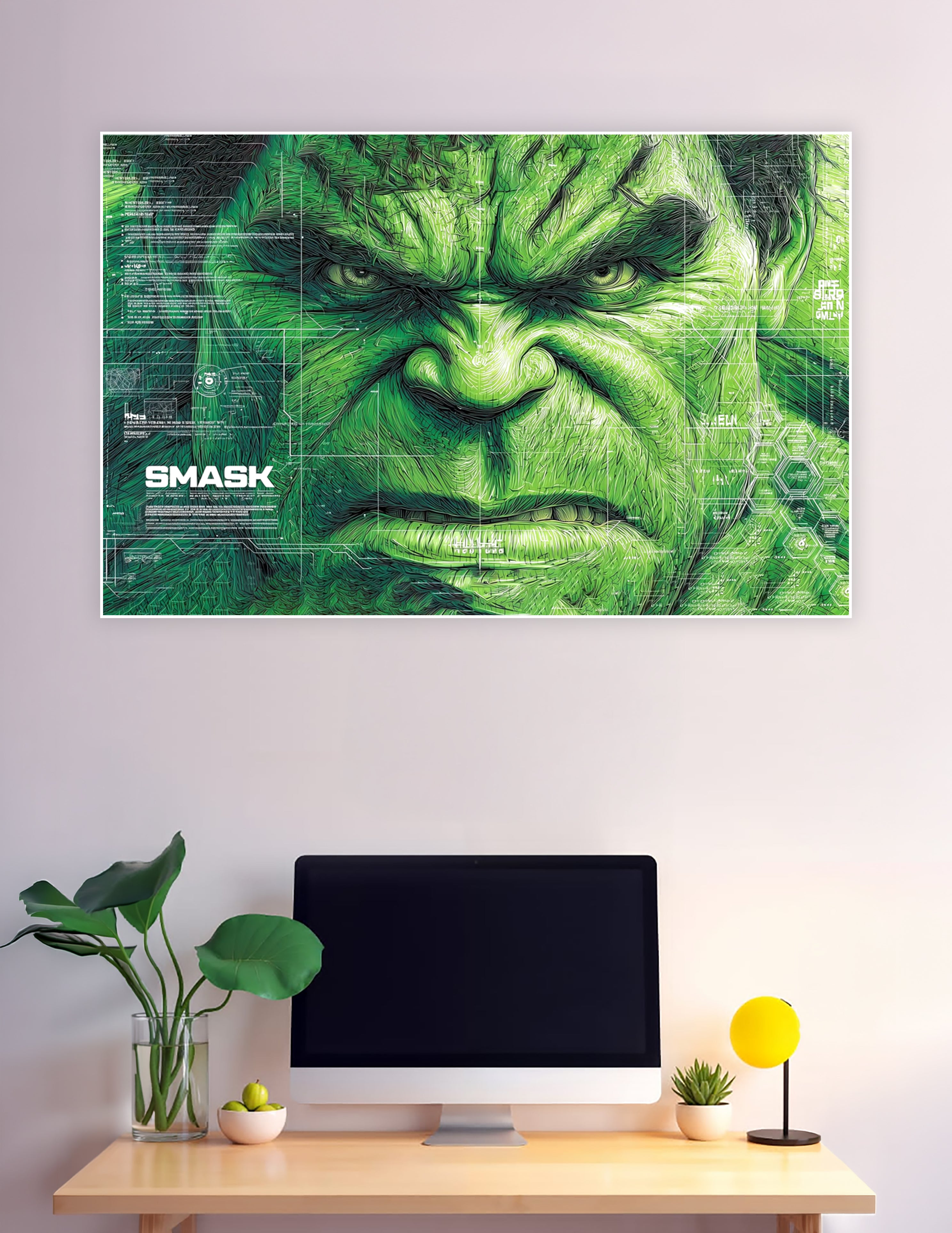 Close-up Hulk face illustration with green tones and futuristic sci-fi HUD blueprint overlay and SMASK text on a premium matte poster