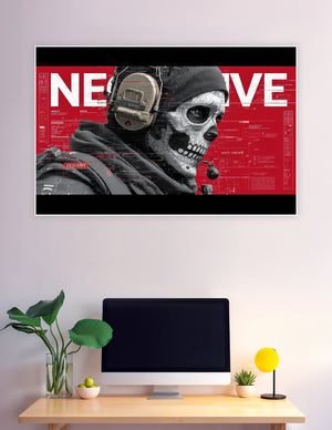 Tactical skull-masked operator poster with red background and blueprint schematics overlay, wearing a beanie and tactical headset