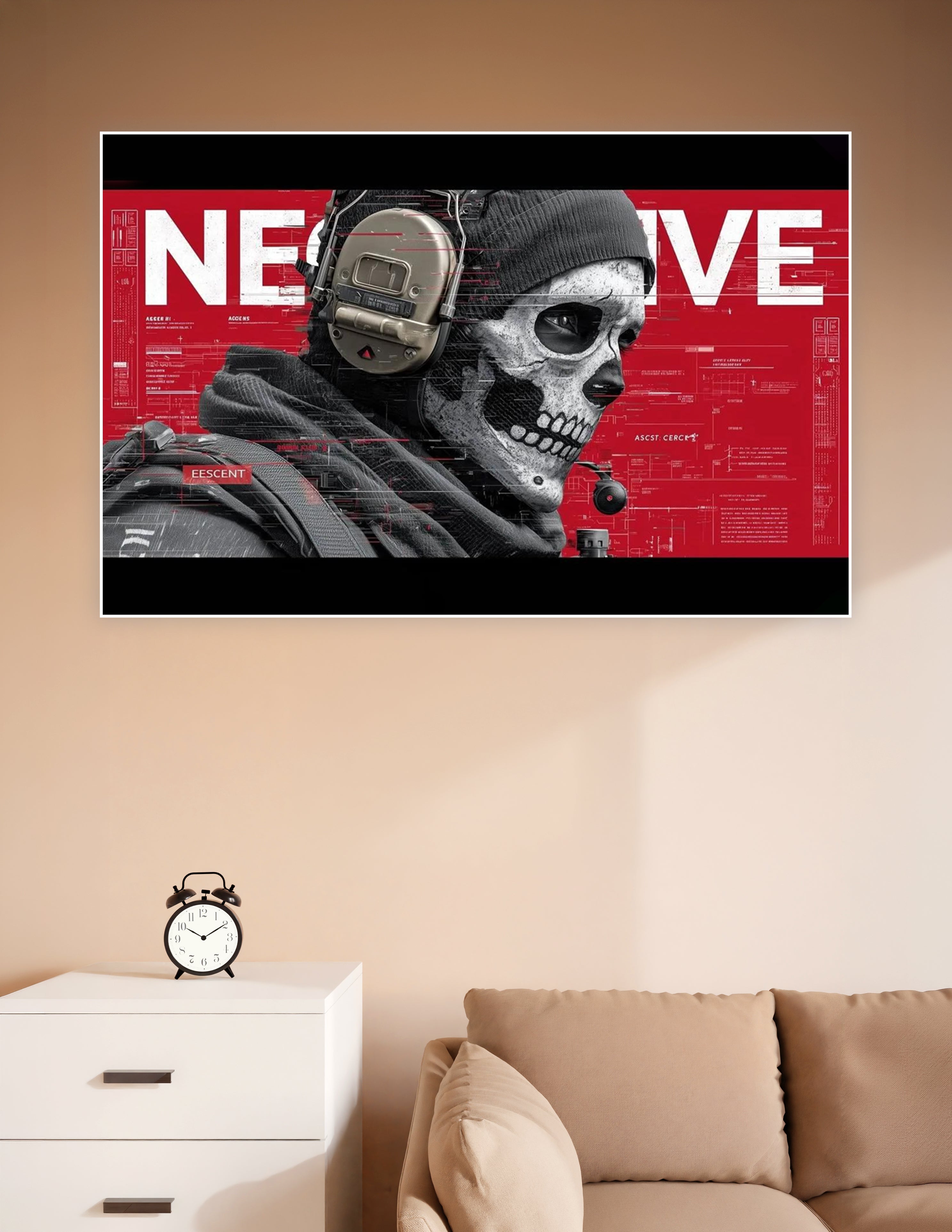 Tactical skull-masked operator poster with red background and blueprint schematics overlay, wearing a beanie and tactical headset