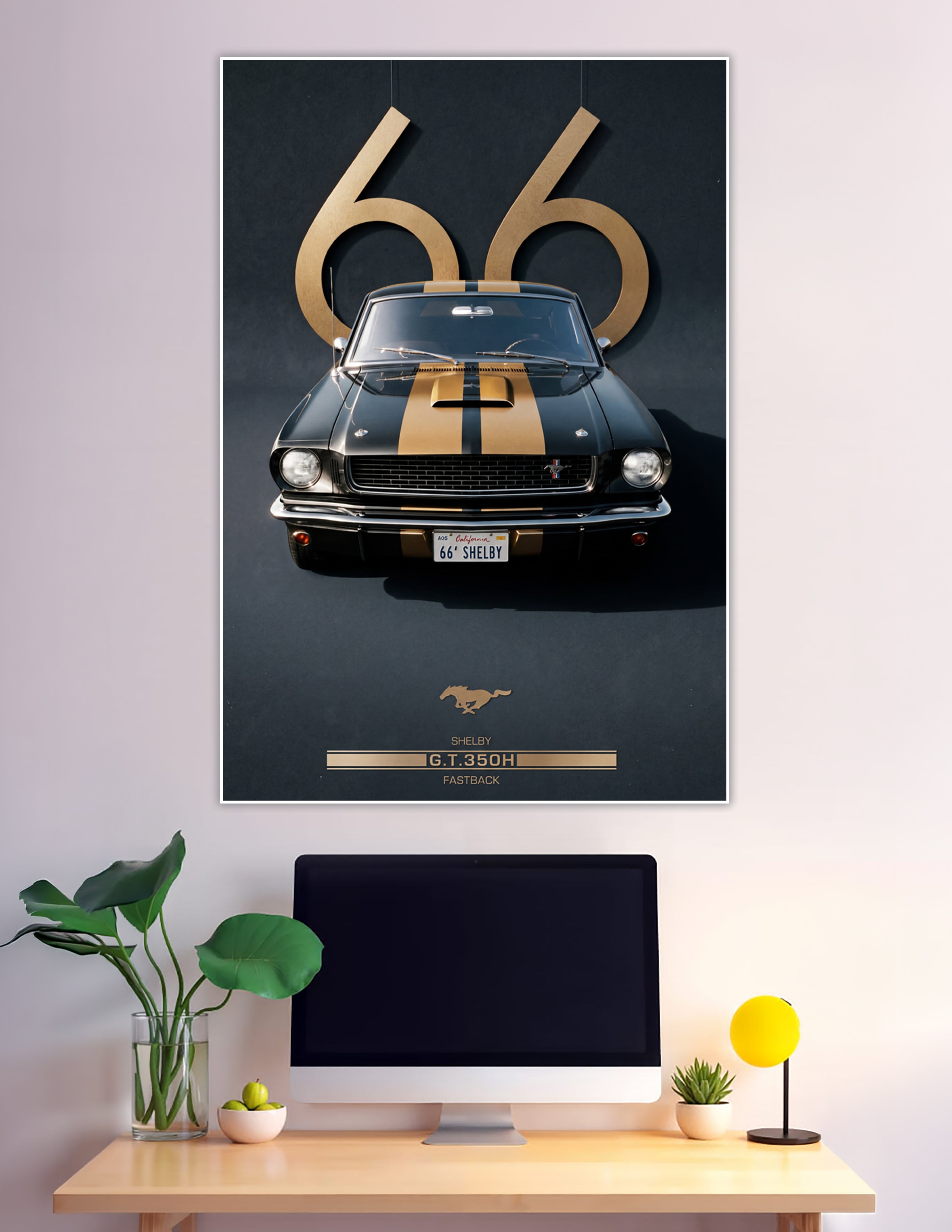 Front-facing 1966 Shelby GT350H Fastback Mustang in black with gold racing stripes, dramatic dark background with oversized gold '66' typography
