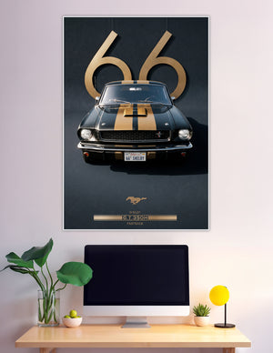 Front-facing 1966 Shelby GT350H Fastback Mustang in black with gold racing stripes, dramatic dark background with oversized gold '66' typography