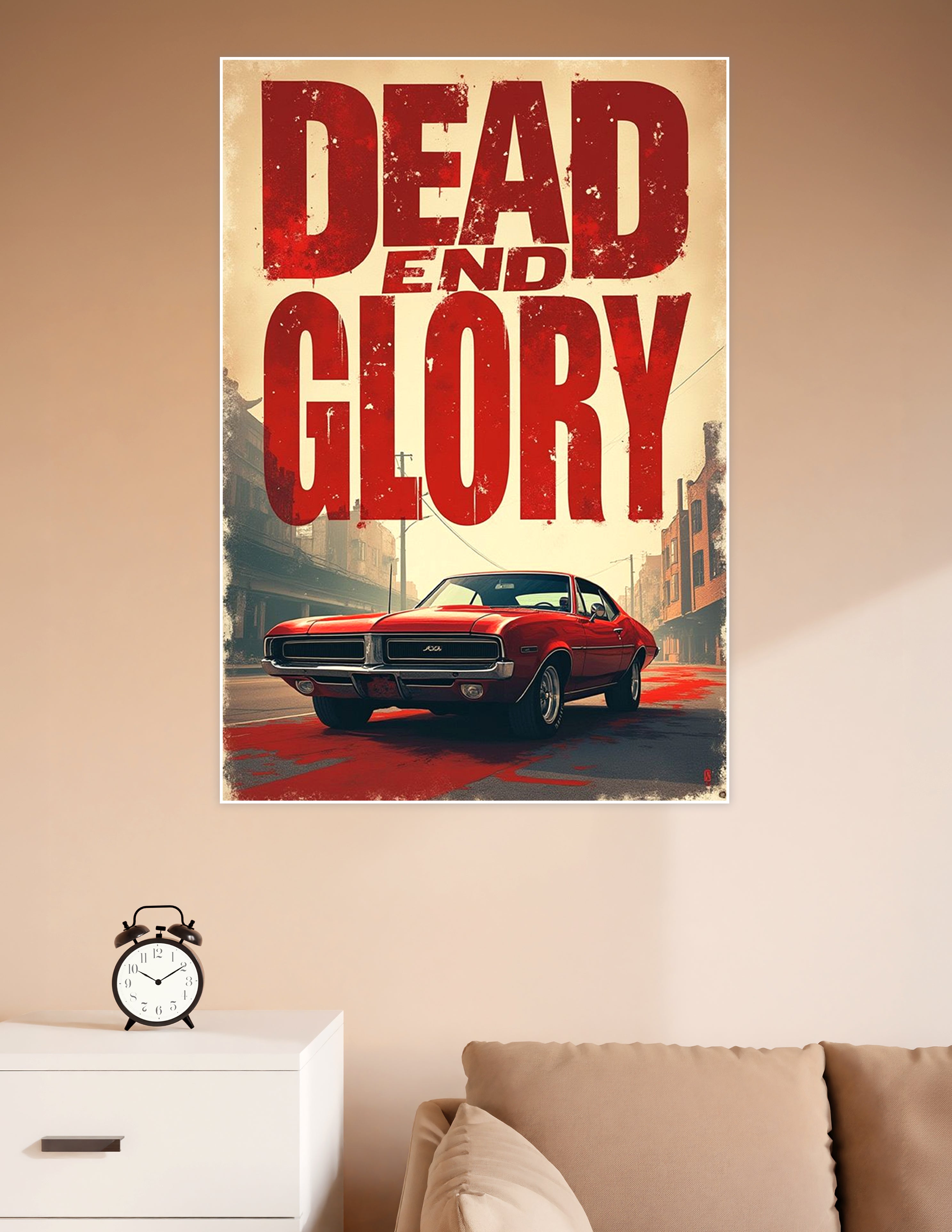 Dead End Glory poster featuring a classic red muscle car on a gritty urban street with bold distressed red typography