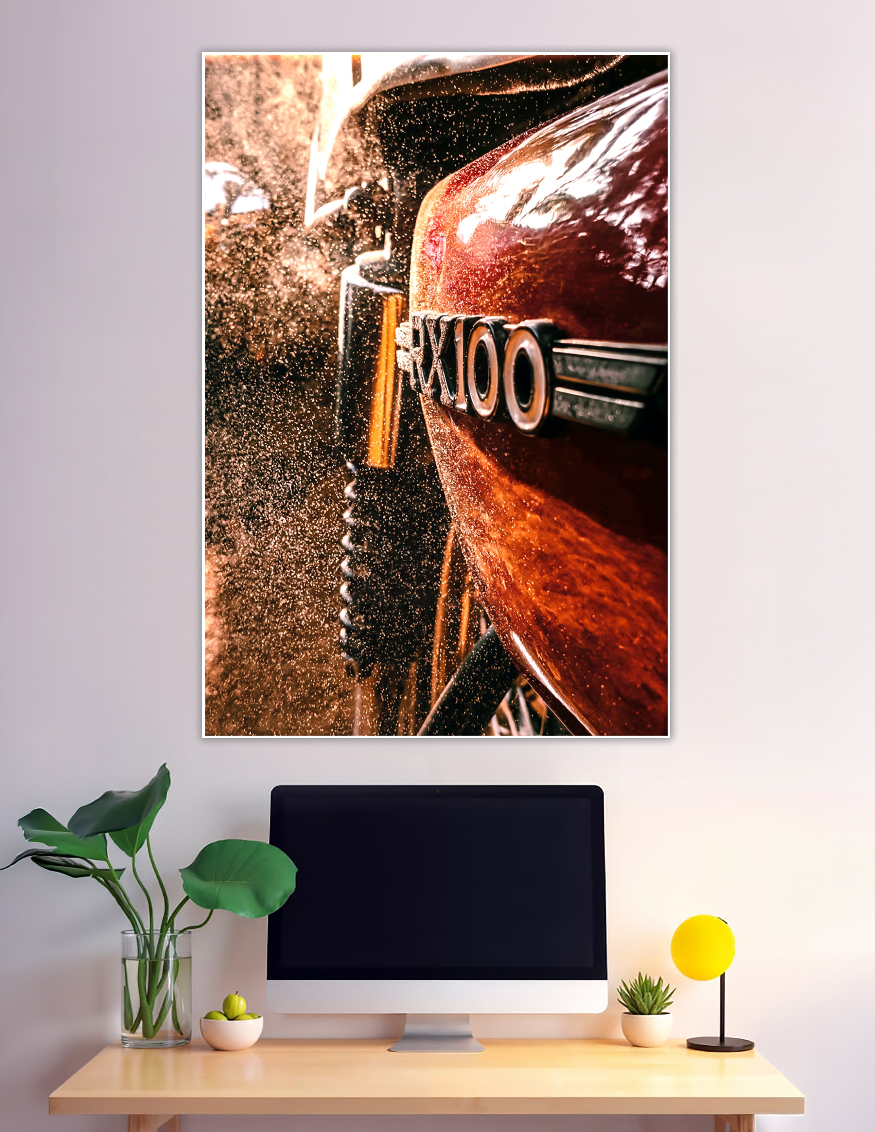 Close-up of a rain-soaked Yamaha RX100 motorcycle badge in rich amber and crimson tones, dramatic cinematic lighting