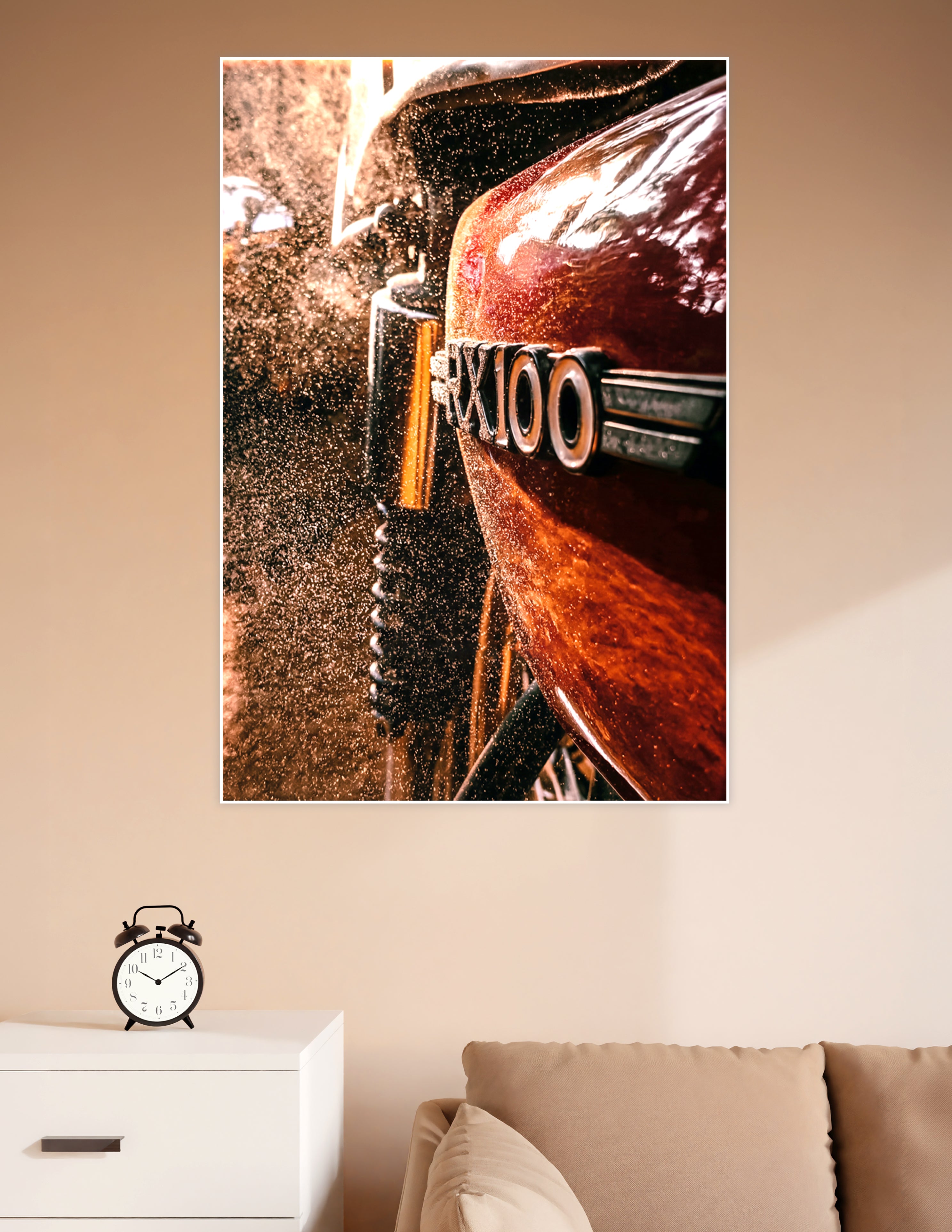 Close-up of a rain-soaked Yamaha RX100 motorcycle badge in rich amber and crimson tones, dramatic cinematic lighting