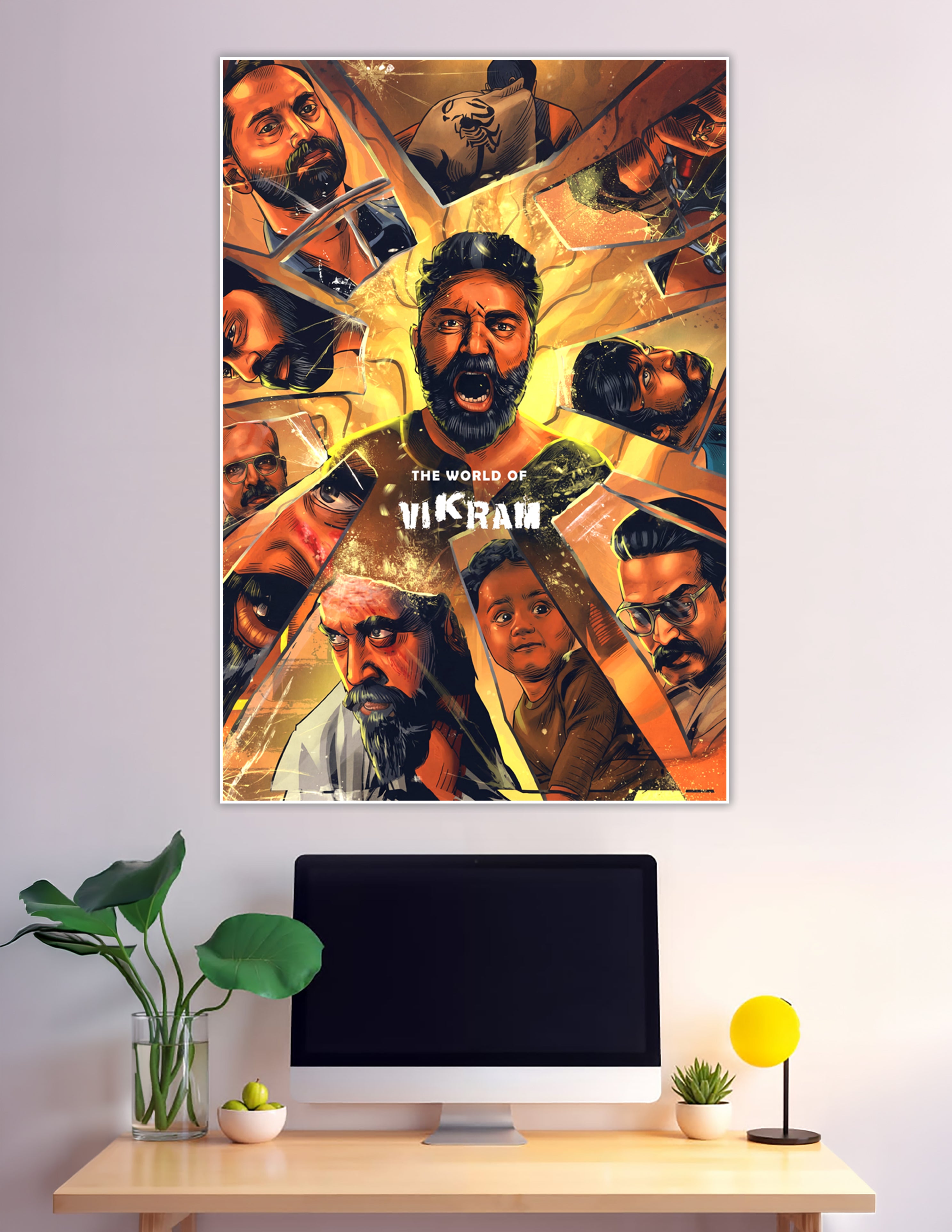 The World of Vikram Tamil movie fan art poster featuring comic-style illustrated character ensemble with fiery amber tones and shattered glass design