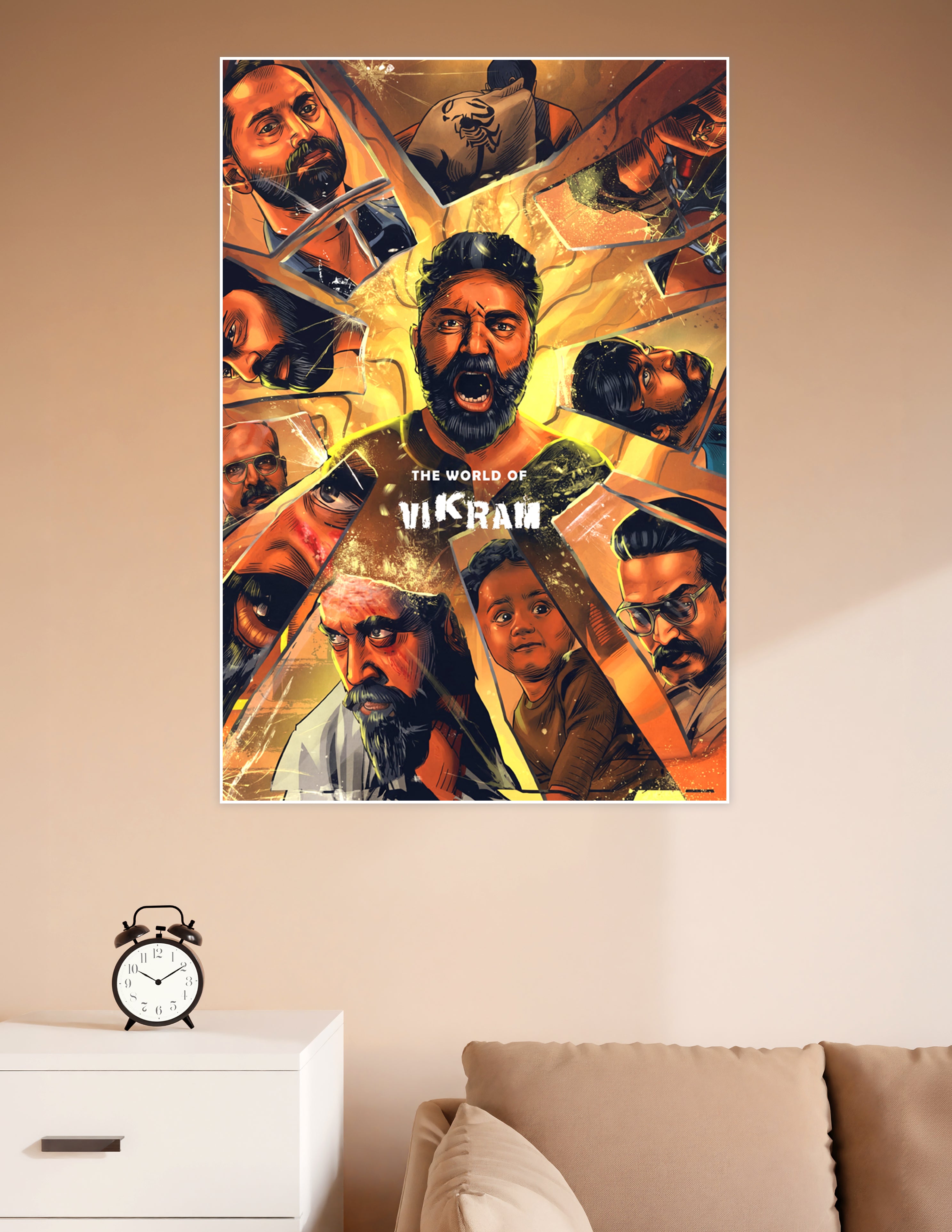 The World of Vikram Tamil movie fan art poster featuring comic-style illustrated character ensemble with fiery amber tones and shattered glass design
