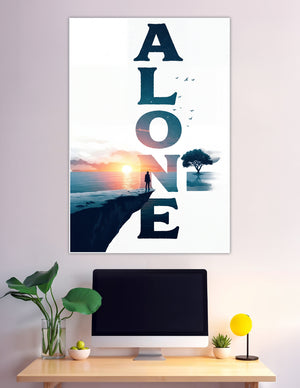 Typographic wall poster spelling ALONE with a silhouetted figure standing on a cliff edge overlooking a golden sunset, surrounded by stars, birds, and a solitary tree