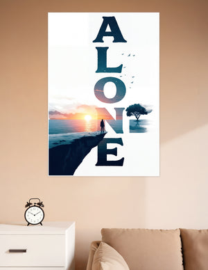 Typographic wall poster spelling ALONE with a silhouetted figure standing on a cliff edge overlooking a golden sunset, surrounded by stars, birds, and a solitary tree