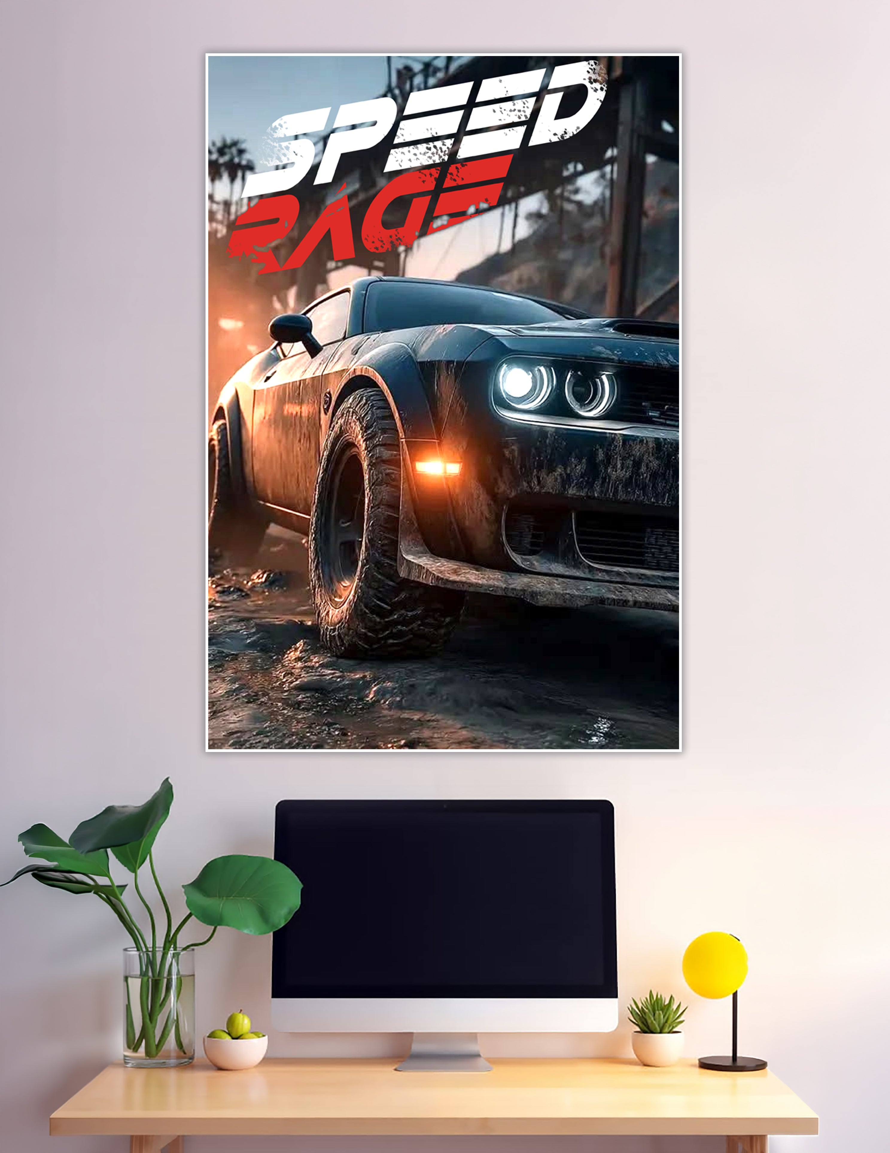 Speed Race poster featuring a mud-covered muscle car with glowing headlights in a dramatic industrial setting