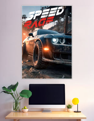 Speed Race poster featuring a mud-covered muscle car with glowing headlights in a dramatic industrial setting