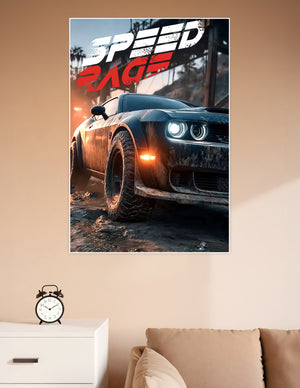 Speed Race poster featuring a mud-covered muscle car with glowing headlights in a dramatic industrial setting