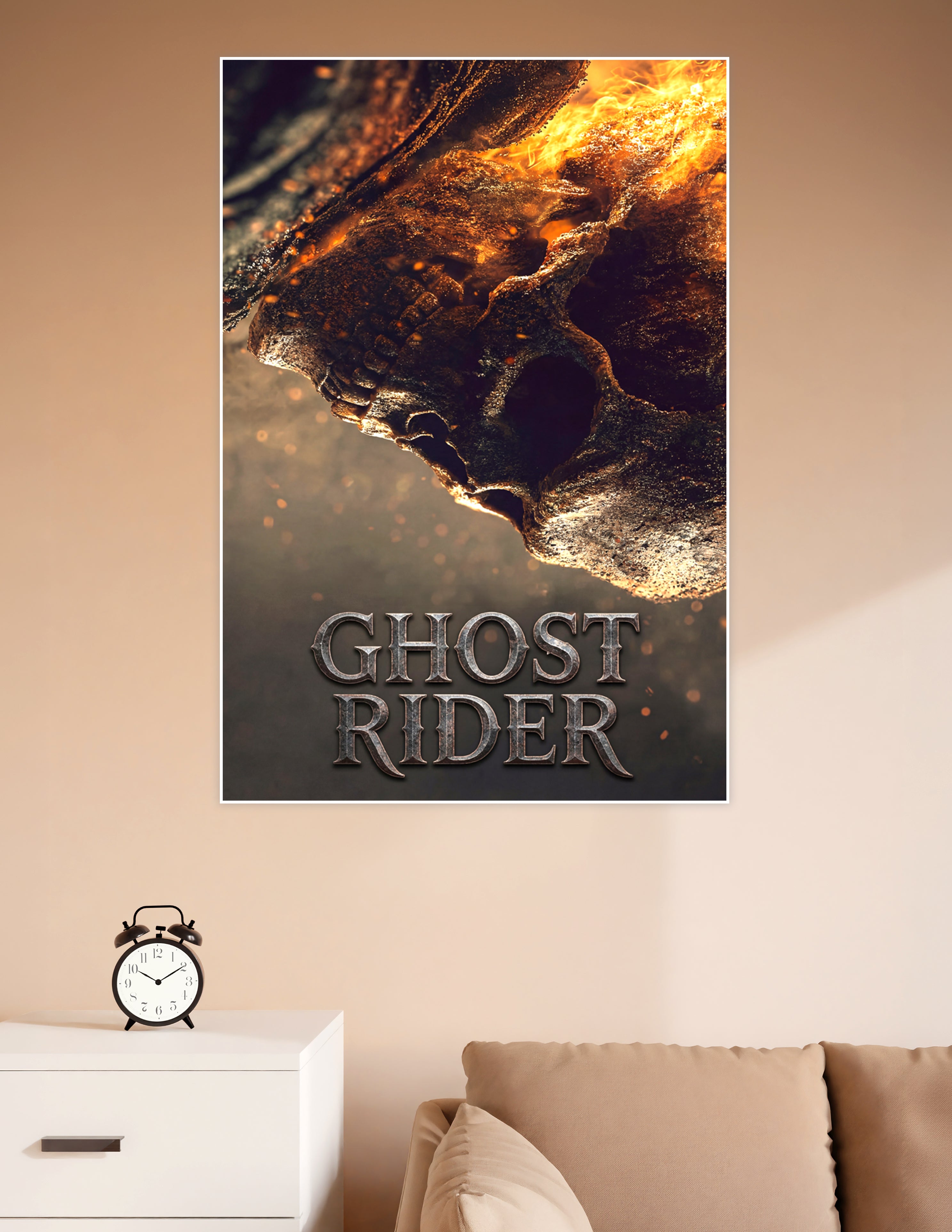 Ghost Rider movie poster featuring a close-up of a charred skull engulfed in orange flames with glowing ember sparks and the Ghost Rider title text