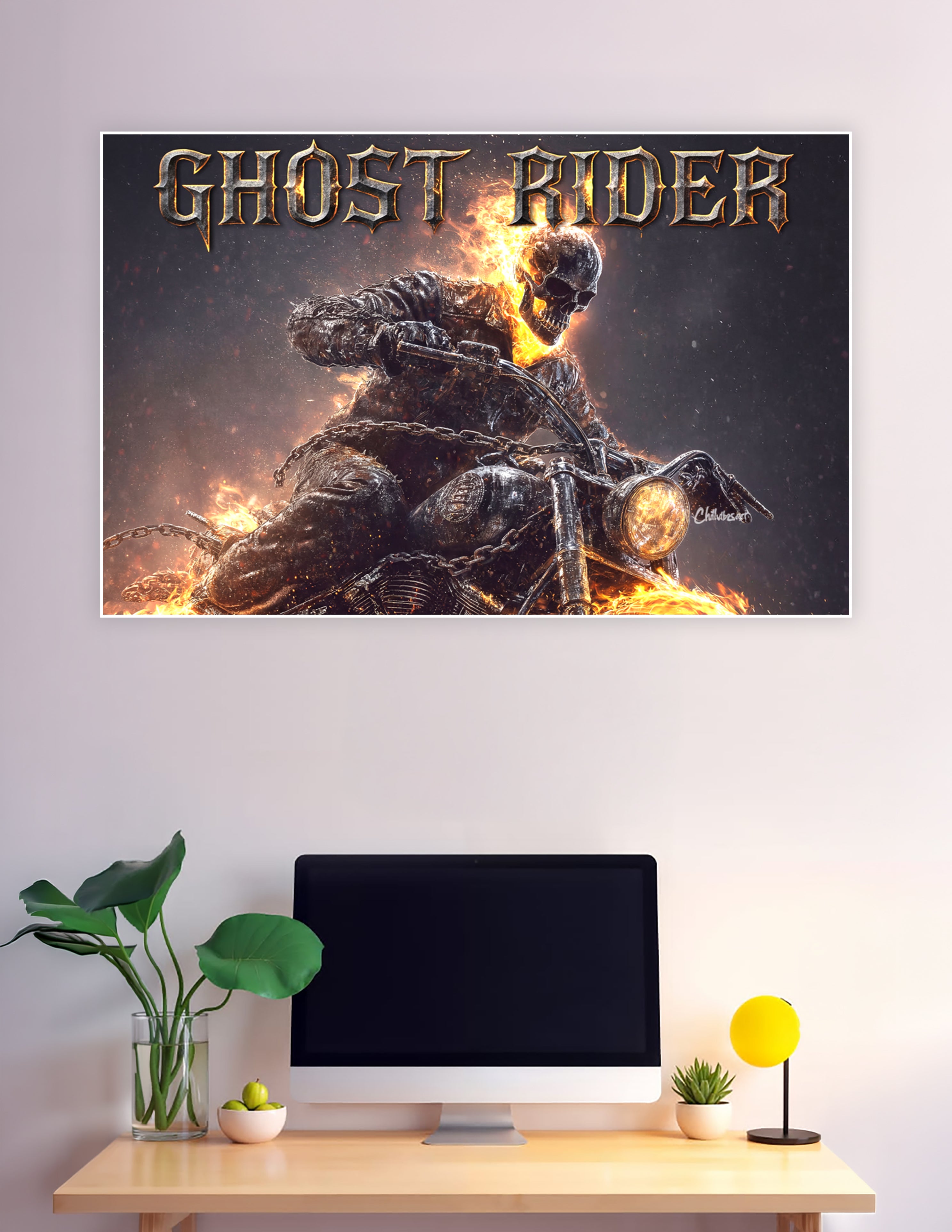 Ghost Rider flaming skull skeleton riding a hellfire motorcycle wrapped in chains with dramatic orange flames on a dark background
