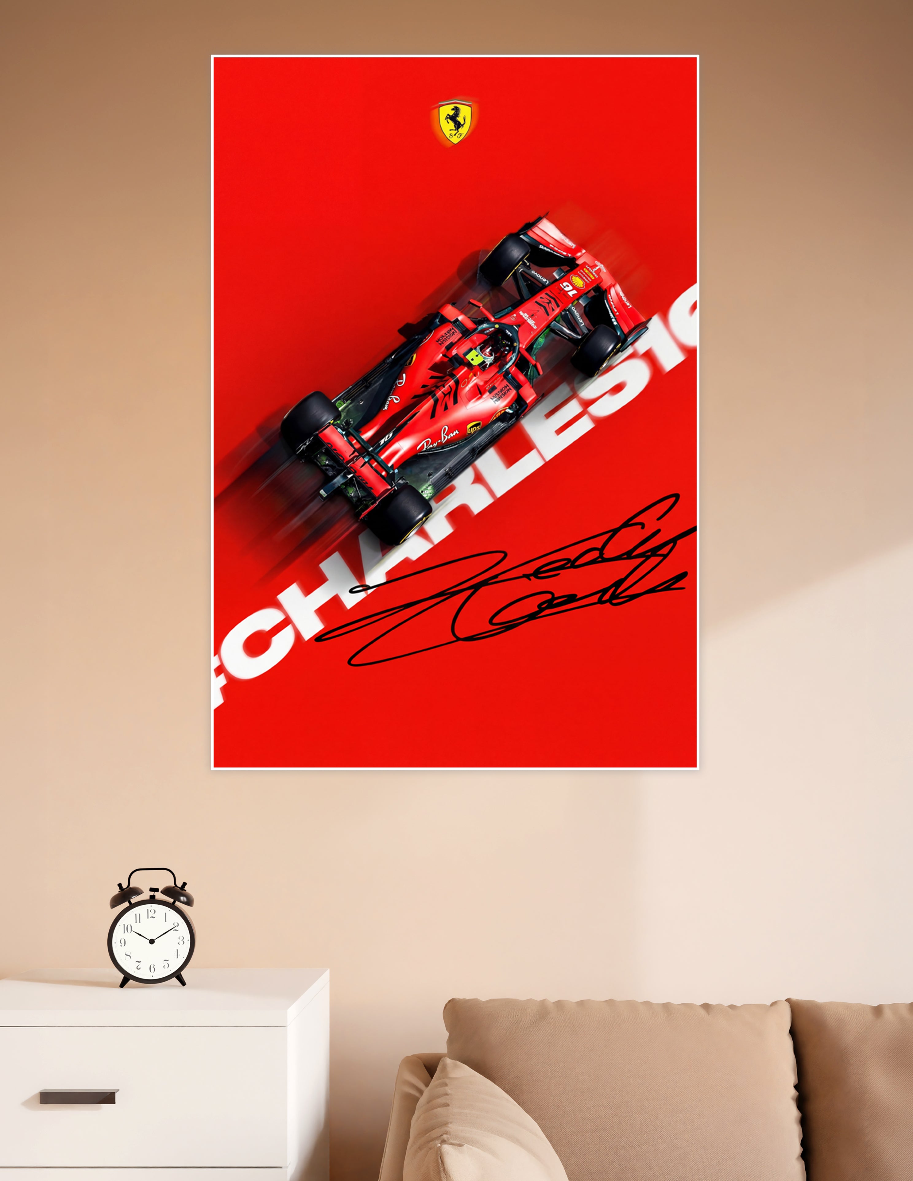Top-down view of Charles Leclerc's red Scuderia Ferrari Formula 1 car with motion blur, bold CHARLES16 typography, Ferrari logo, and Leclerc's signature on a red background