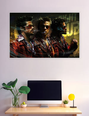 Digital art poster of Tyler Durden in a triple-portrait composition from Fight Club, featuring bold reds, sunglasses, and dramatic lighting