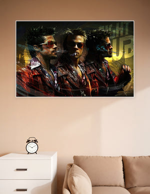 Digital art poster of Tyler Durden in a triple-portrait composition from Fight Club, featuring bold reds, sunglasses, and dramatic lighting