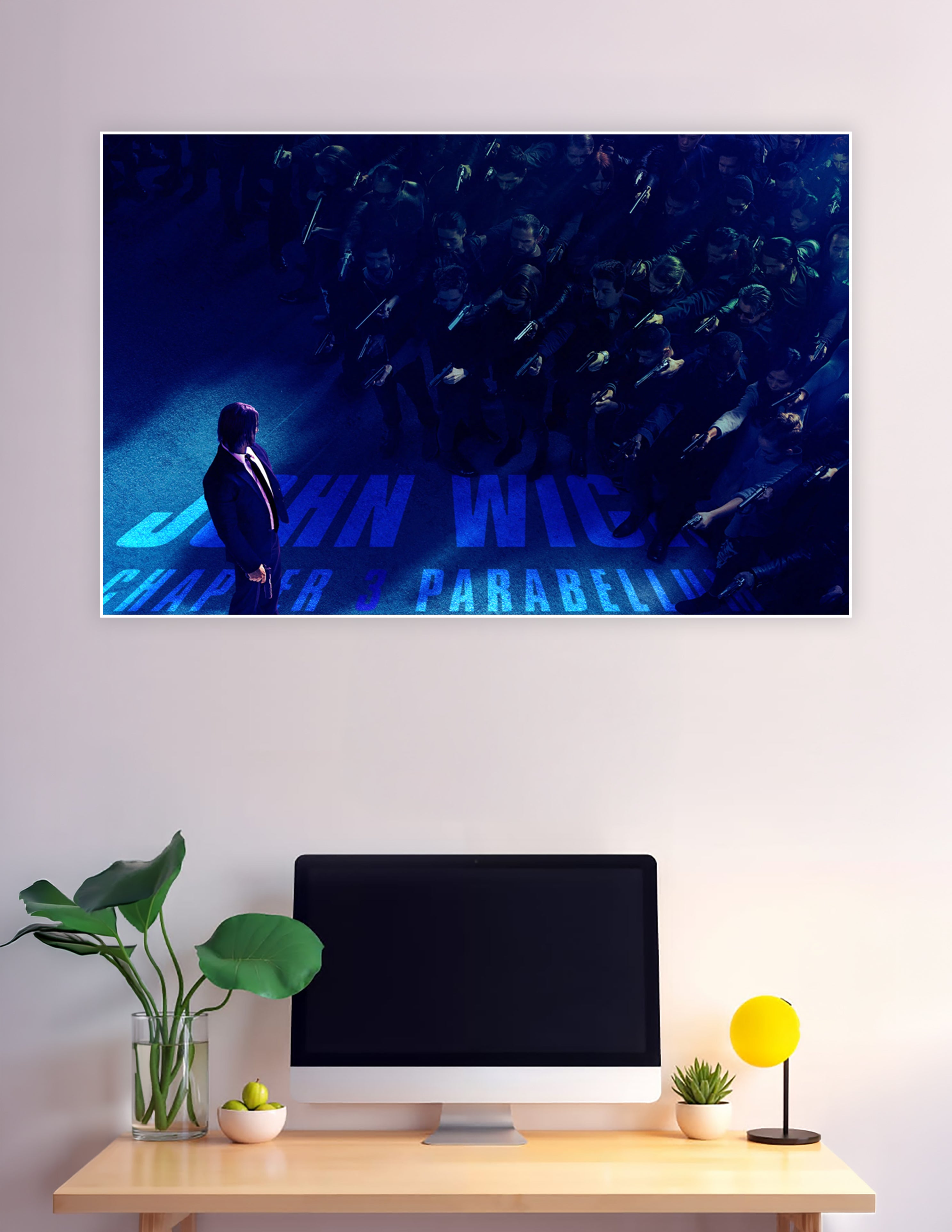 Aerial view John Wick Chapter 3 Parabellum movie poster showing lone figure in suit surrounded by armed assassins under blue neon lighting