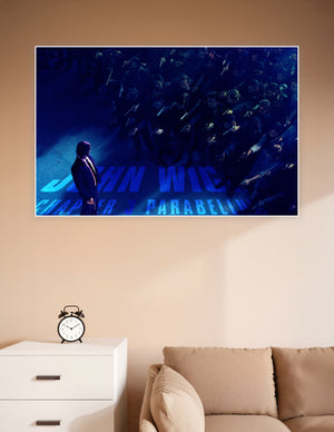 Aerial view John Wick Chapter 3 Parabellum movie poster showing lone figure in suit surrounded by armed assassins under blue neon lighting
