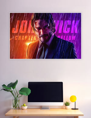 John Wick Chapter 3 Parabellum movie poster with neon orange and purple rain-soaked dramatic composition