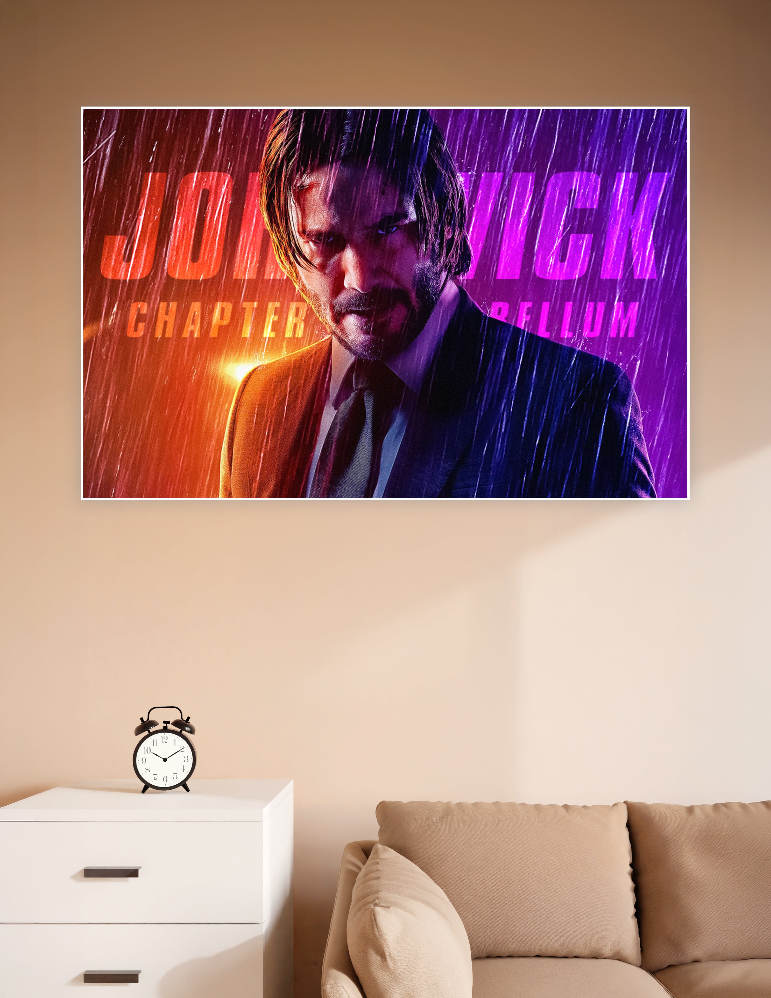 John Wick Chapter 3 Parabellum movie poster with neon orange and purple rain-soaked dramatic composition