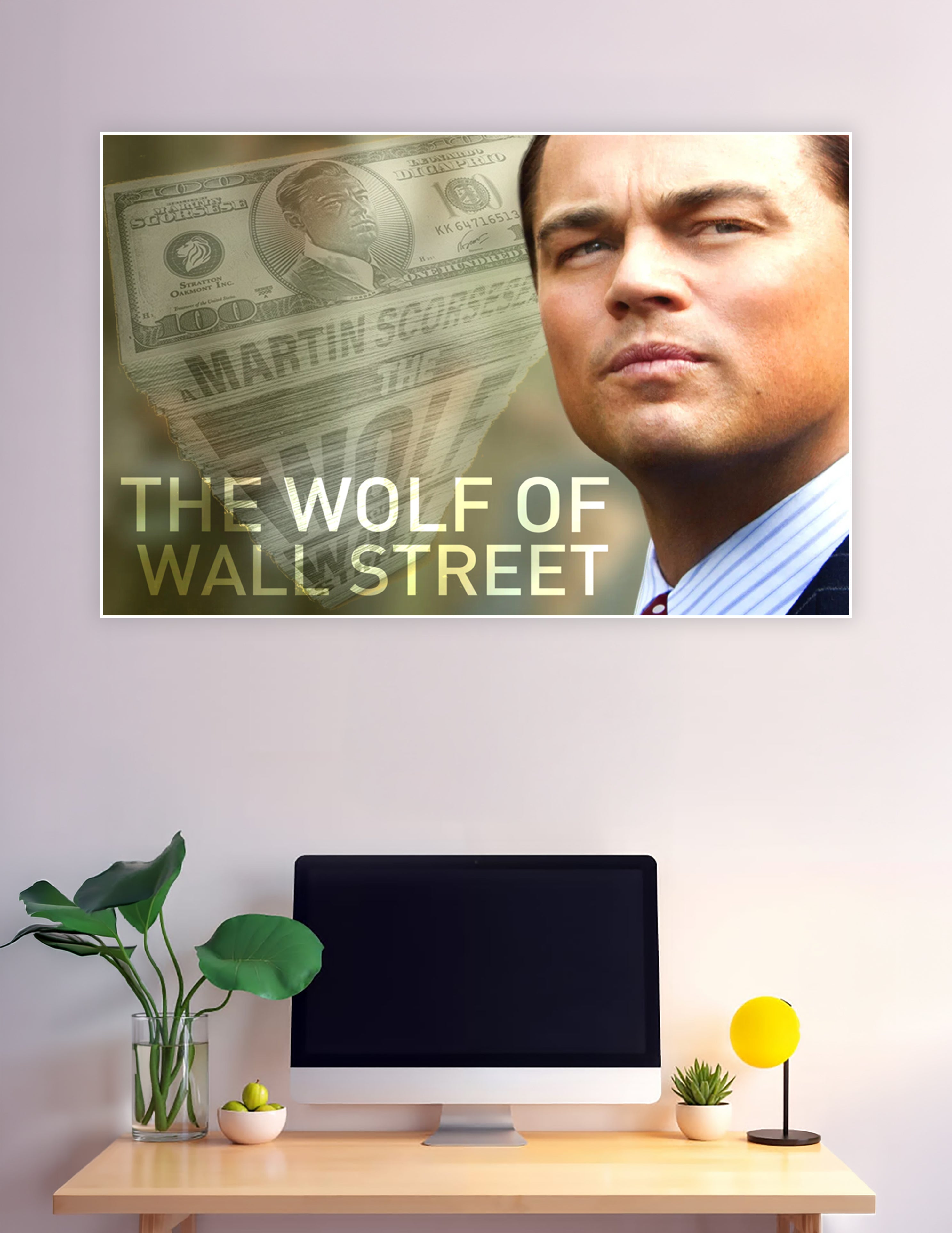 Wolf of Wall Street movie poster featuring dramatic male portrait with layered currency imagery and bold gold title typography by Martin Scorsese