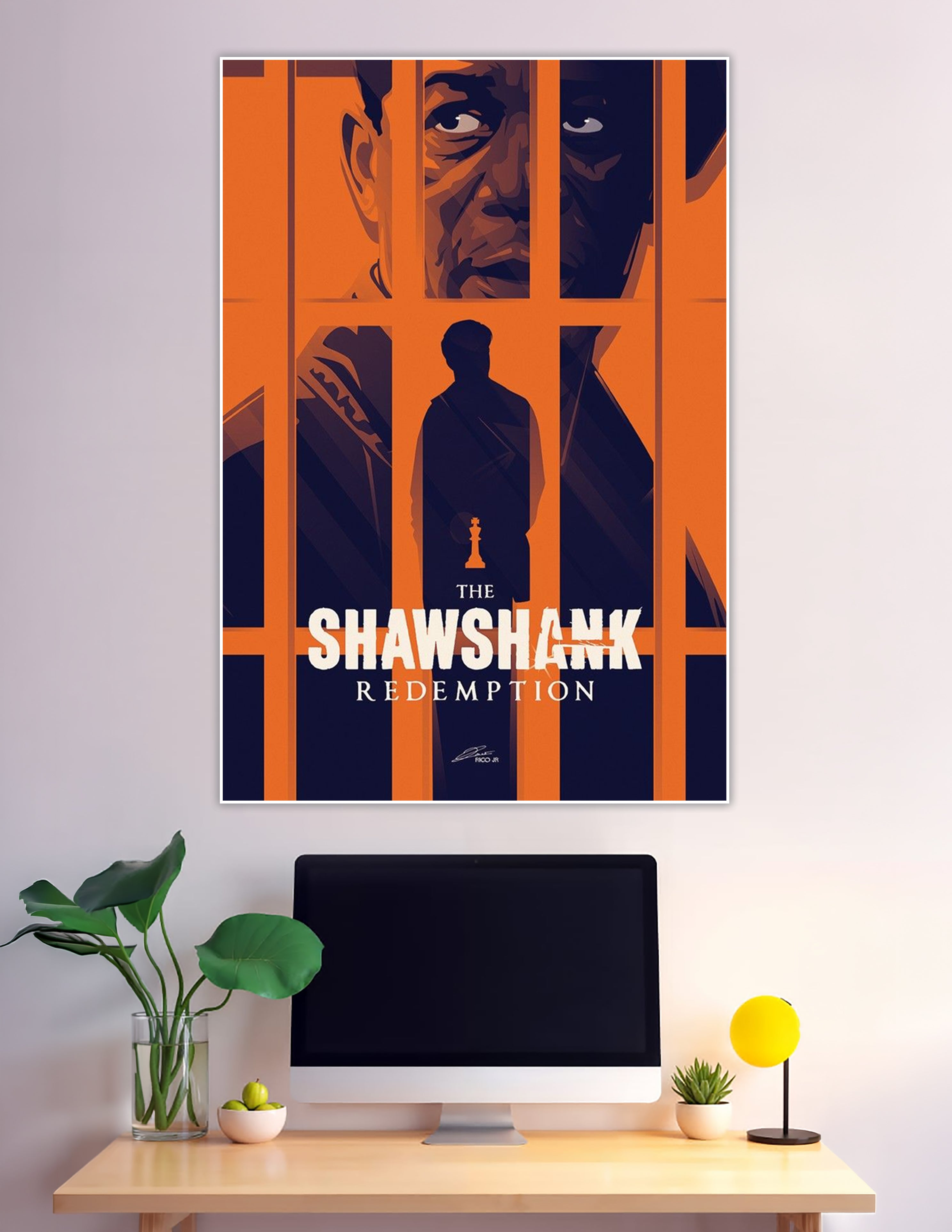 Illustrated Shawshank Redemption movie poster with orange prison bars, dramatic shadowed faces, a lone silhouette, and a chess king piece symbolizing hope and freedom